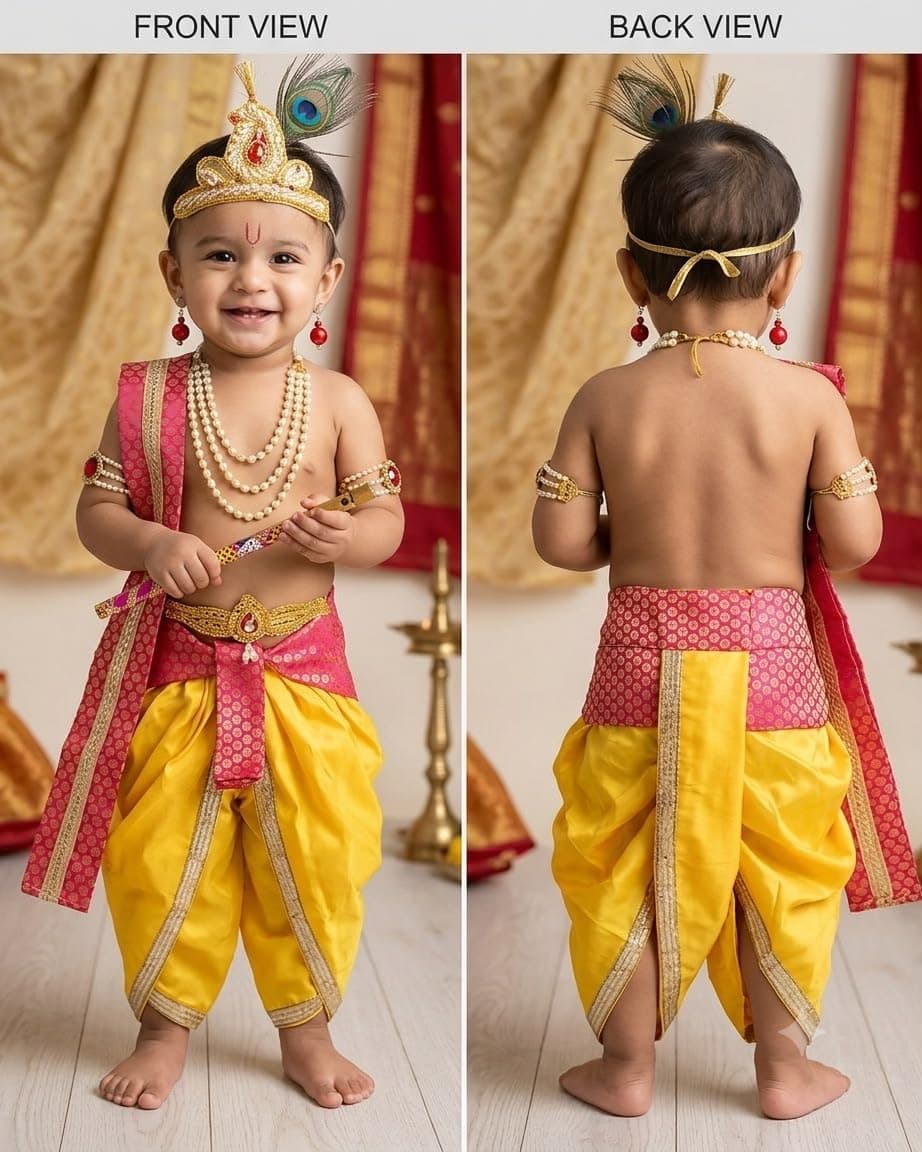 Fancyclub Krishna Dress for Baby Boy Kids Janmashtami Costume | Dhoti & Patka Included, Mukut & Morpankh, Bansuri & Kamarband, Bajuband & Kundal, 8-Piece Set