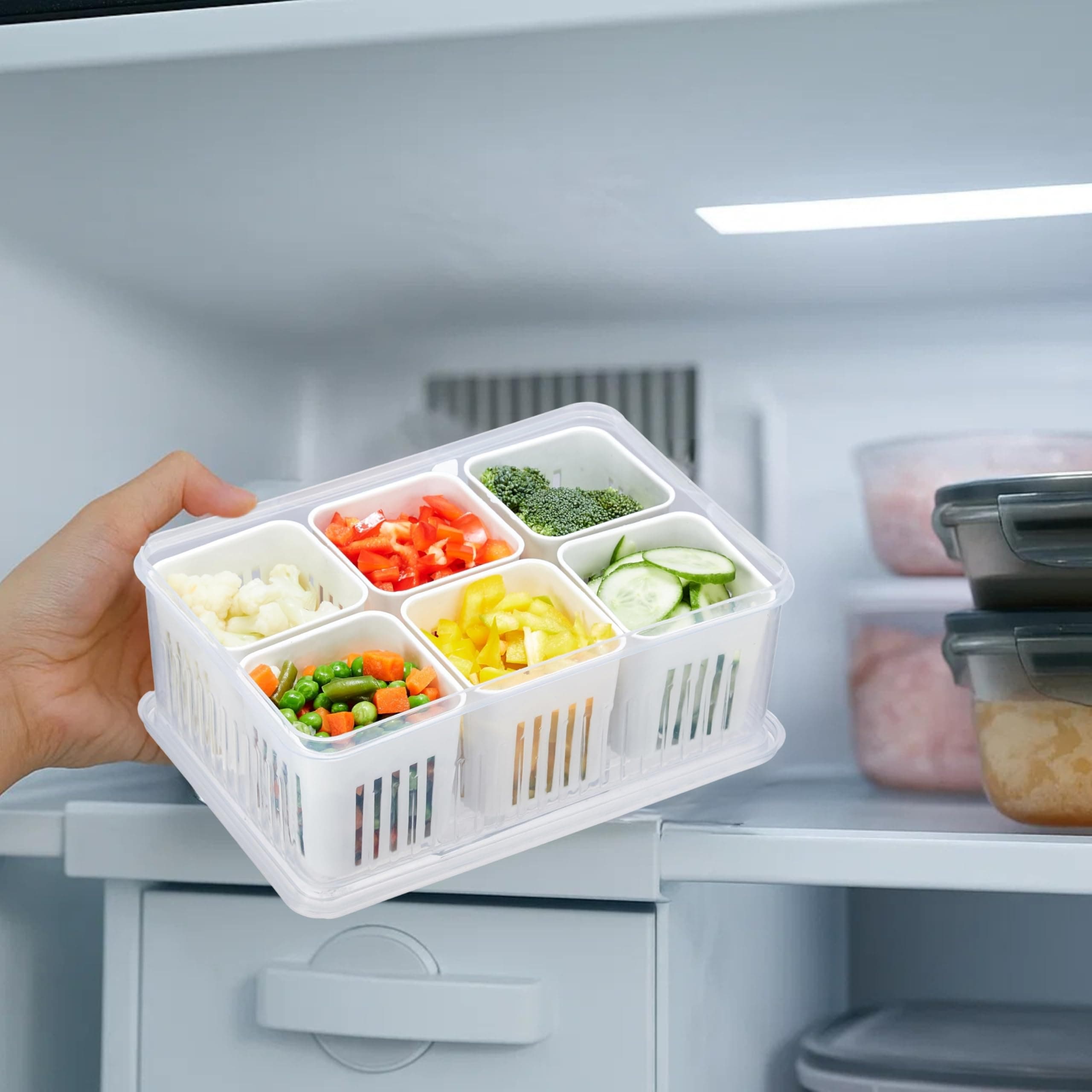 Amazon Brand - Solimo Plastic Fridge Containers Set | 6-Grid Airtight Refrigerator Storage Boxes with Lids | Freezer & Kitchen Organizer (Pack of 2, White)