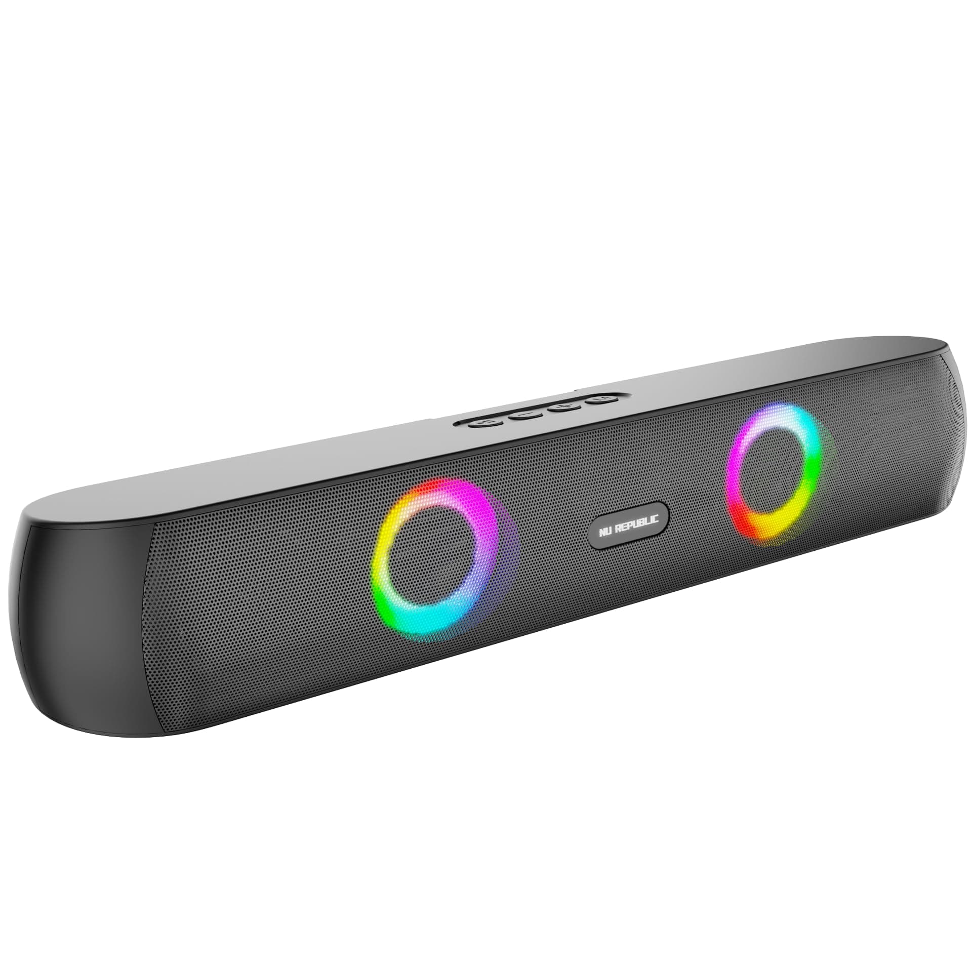 Nu Republic Party Box 160 Bluetooth Soundbar, X-Bass Technology, 52mm Dual Dynamic Drivers, 16W Output, Up to 10 Hours Playtime, RGB LED Lights, Aux/USB/TF Card, Bluetooth 5.3 (Black, 2.0 Channel)