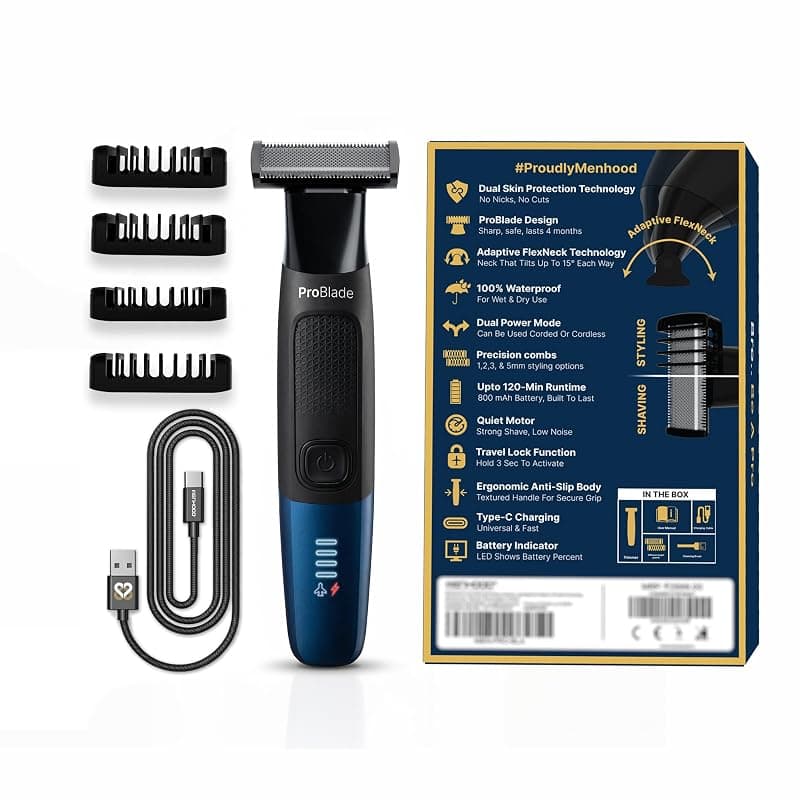 MENHOOD ProBlade 3-in-1 Hybrid Trimmer Shaver for Men Trim Style Shave Adaptive Flex Neck 120 Min Runtime USB-C LED Indicator Dual Protection Waterproof Multi-Comb