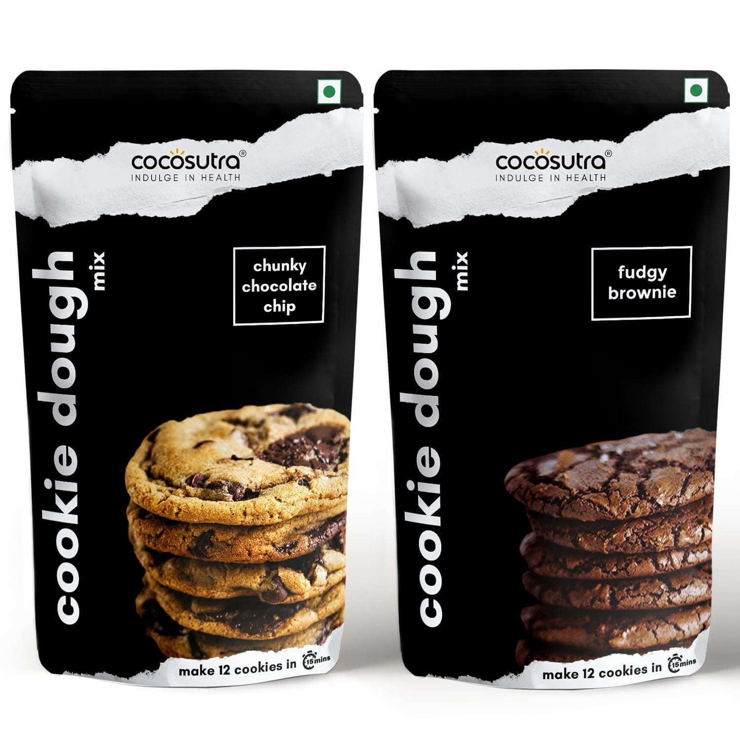 Cocosutra Cookie Dough Mix Combo Pack | Chunky Chocolate Chip & Fudgy Brownie | Makes 24 Cookies | Instant Baking Mix | Made with Natural Ingredients | Easy 3-Step Recipe – Whisk, Scoop & Bake | 2 x 220g (440g) | Chocolate Chip Cookie Mix + Fudgy Brownie Mix, Ready to Bake Eggless Vegan Baking Premix