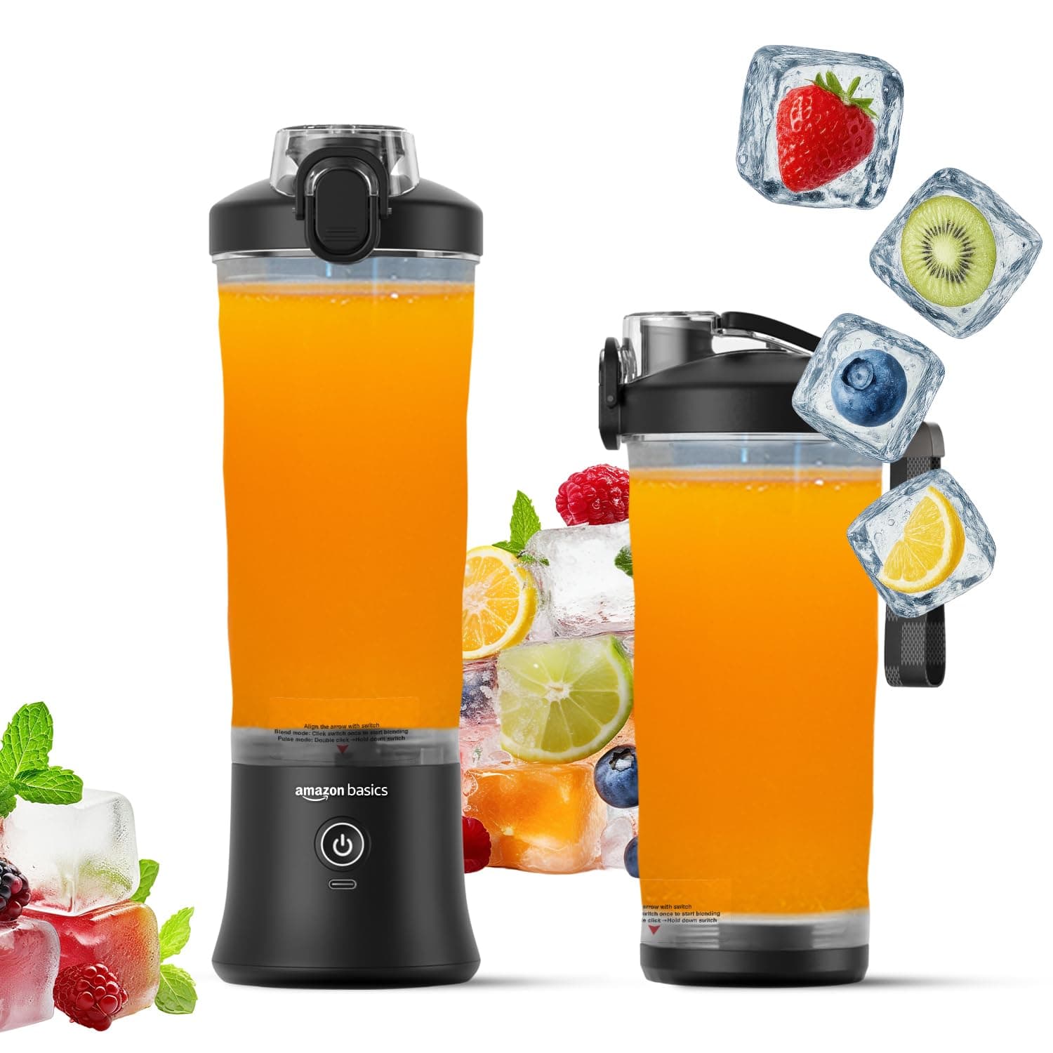 Amazon Basics Portable Hand Blender for Smoothies and Juices | USB Rechargeable | 6 Stainless Steel Blades | 600 ml Food Grade Jar | 1 Year Warranty | 2x2000 mAh Batteries (Black)