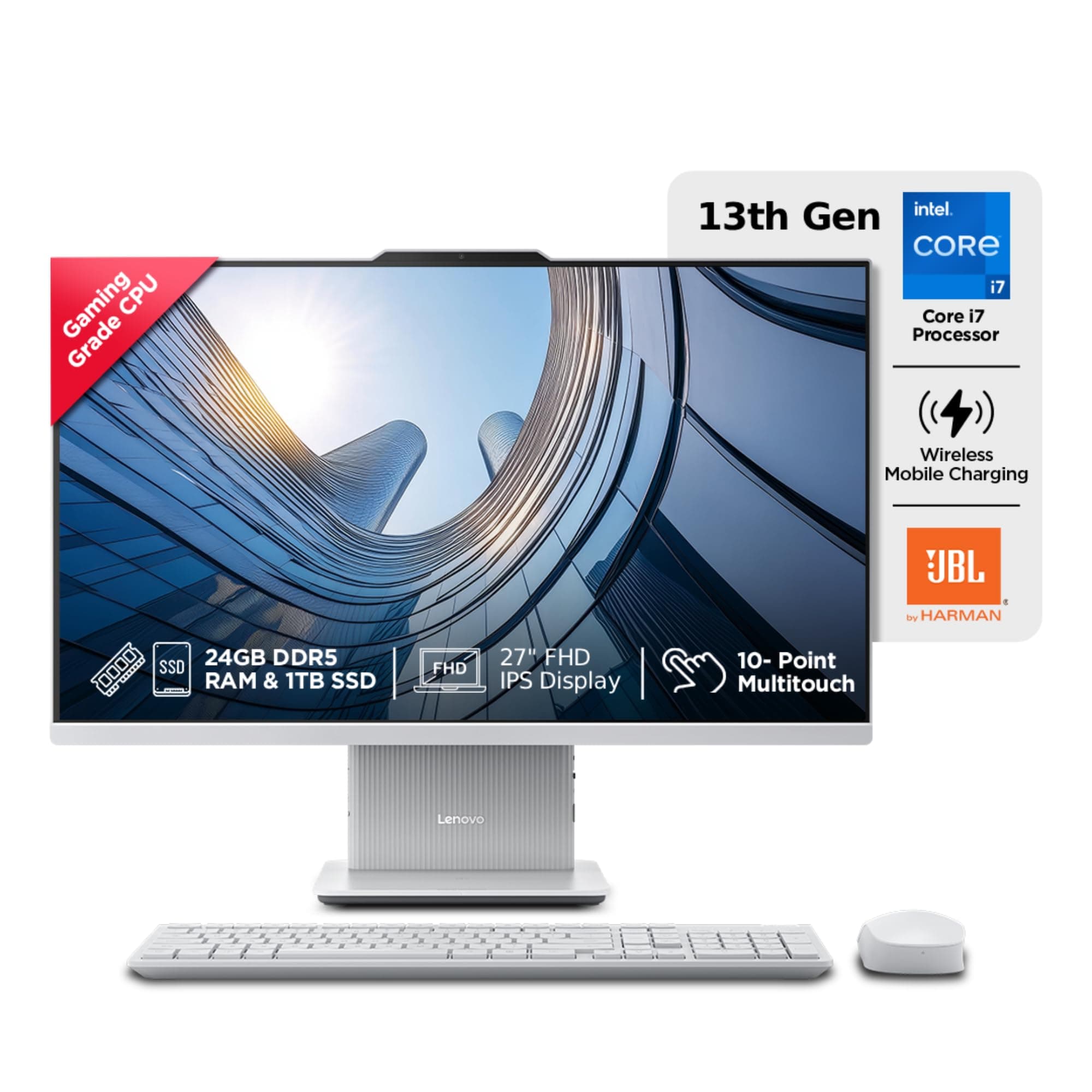 Lenovo IdeaCentre AIO Intel Core i7-13620H 27" FHD Touchscreen (24GB RAM/1TB SSD/Win11/Microsoft 365 + Office 2024/Wireless Charging/Wireless EOS Keyboard & Mouse,Grey) All-in-One Desktop