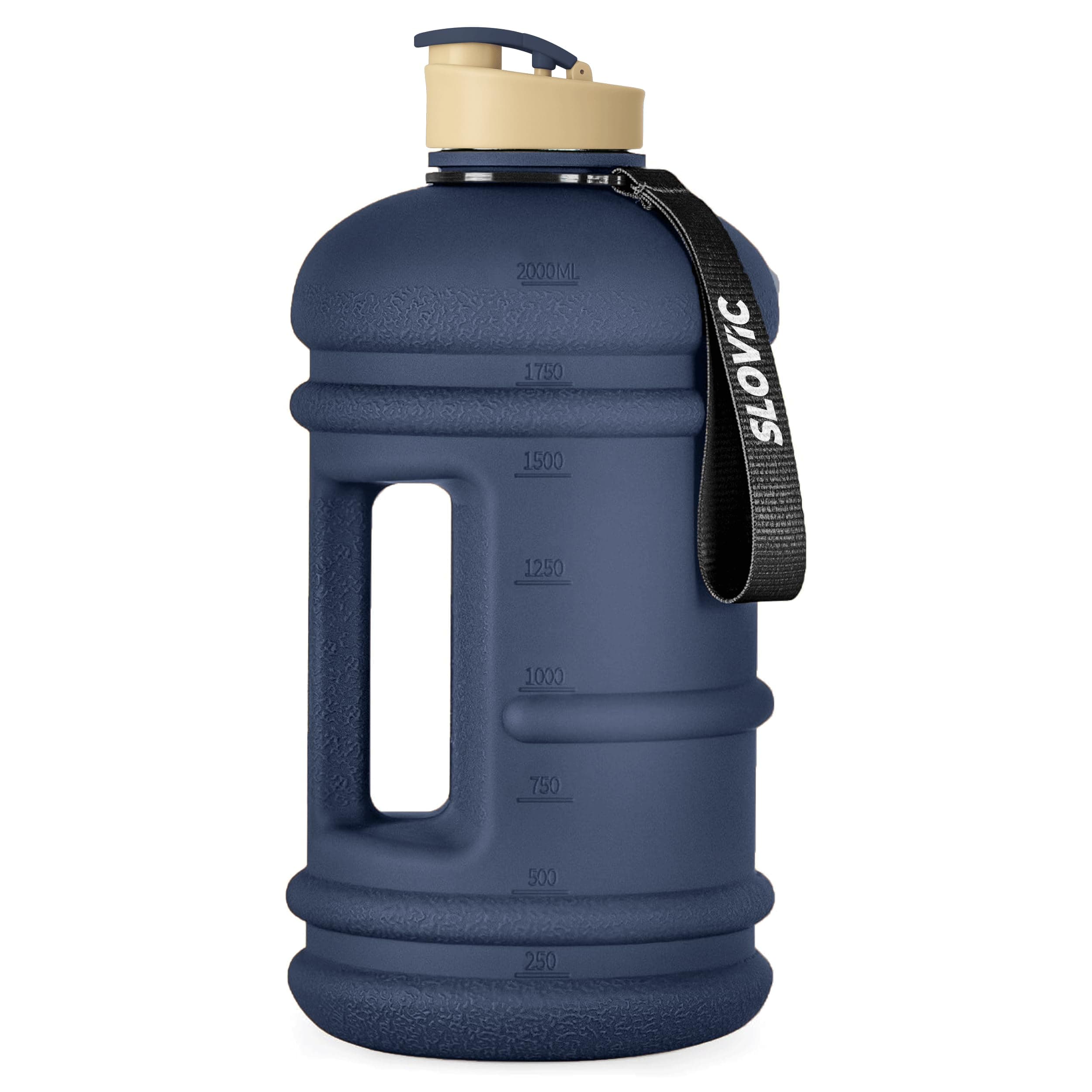 SLOVIC Gallon Water Bottle 2 + Litre | Gym Motivational Sipper Water Bottle for Adults | 100% BPA Free & Leakproof | 2 Litre Sipper for Men & Women with Ergonomic Handle | Dark Blue | 2200 ML