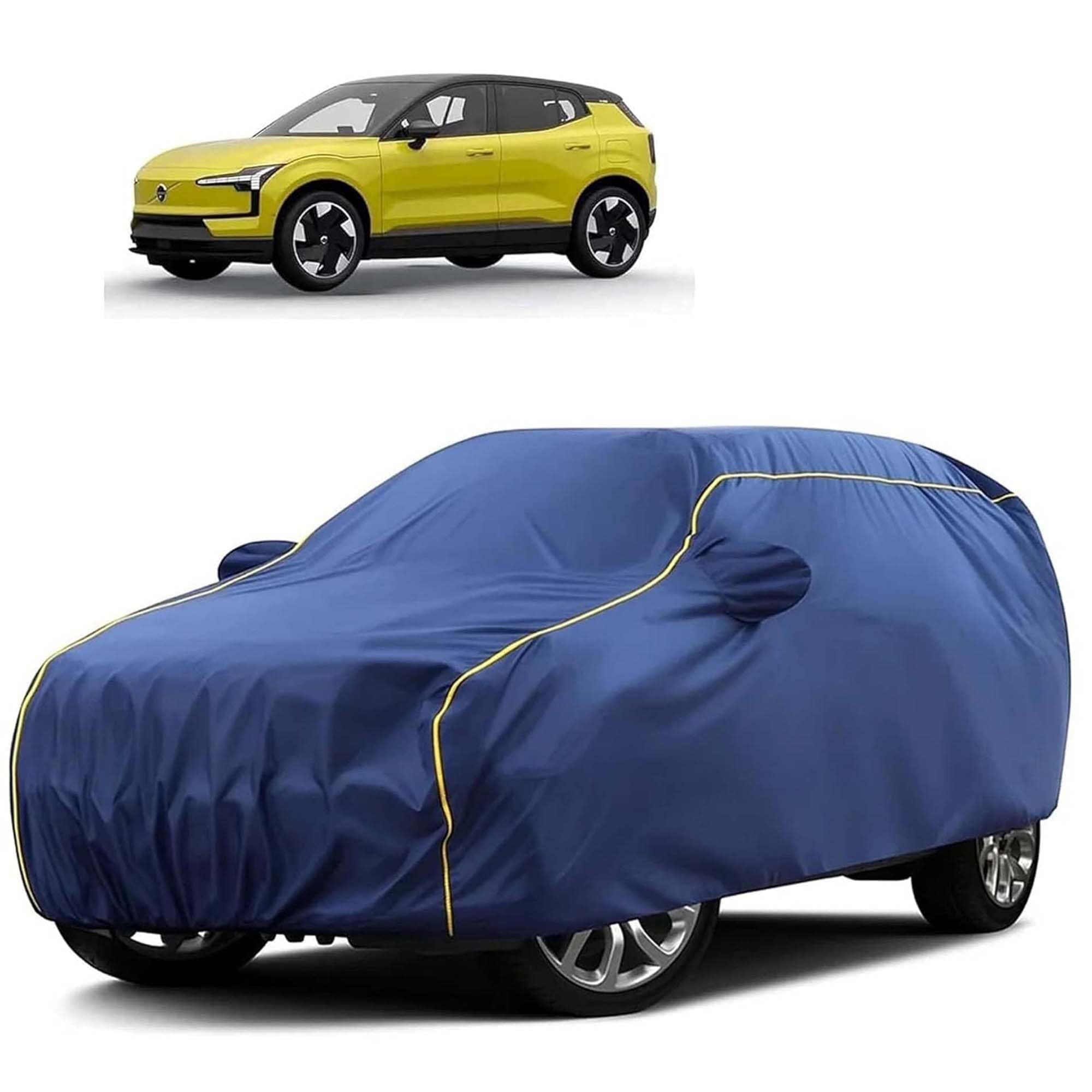 Sulfar 100% Water Resistant Car Body Cover Compatible with Mirror for Volvo X 30 (Triple Stitched, Full Bottom Elastic, Blue Tafetta with Yellow Piping)