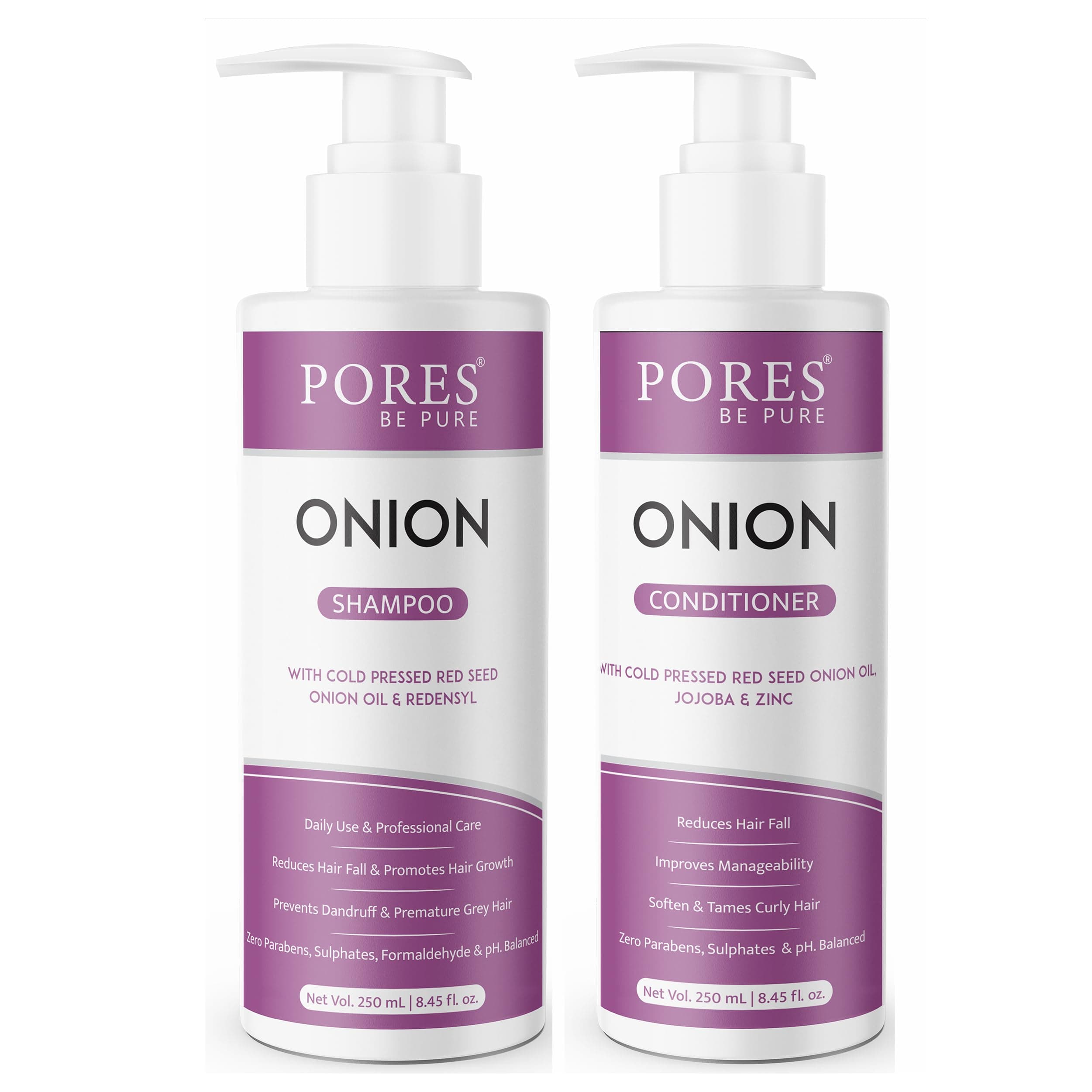 PORES Be Pure Onion Shampoo and Conditioner Combo for Hair Growth & Hair Thickness | Sulfate & Paraben Free | Anti-Dandruff, Hair Fall Control, Deep Nourishment for Dry & Damaged Hair | Unisex Formula ( 250 ml X 2 )