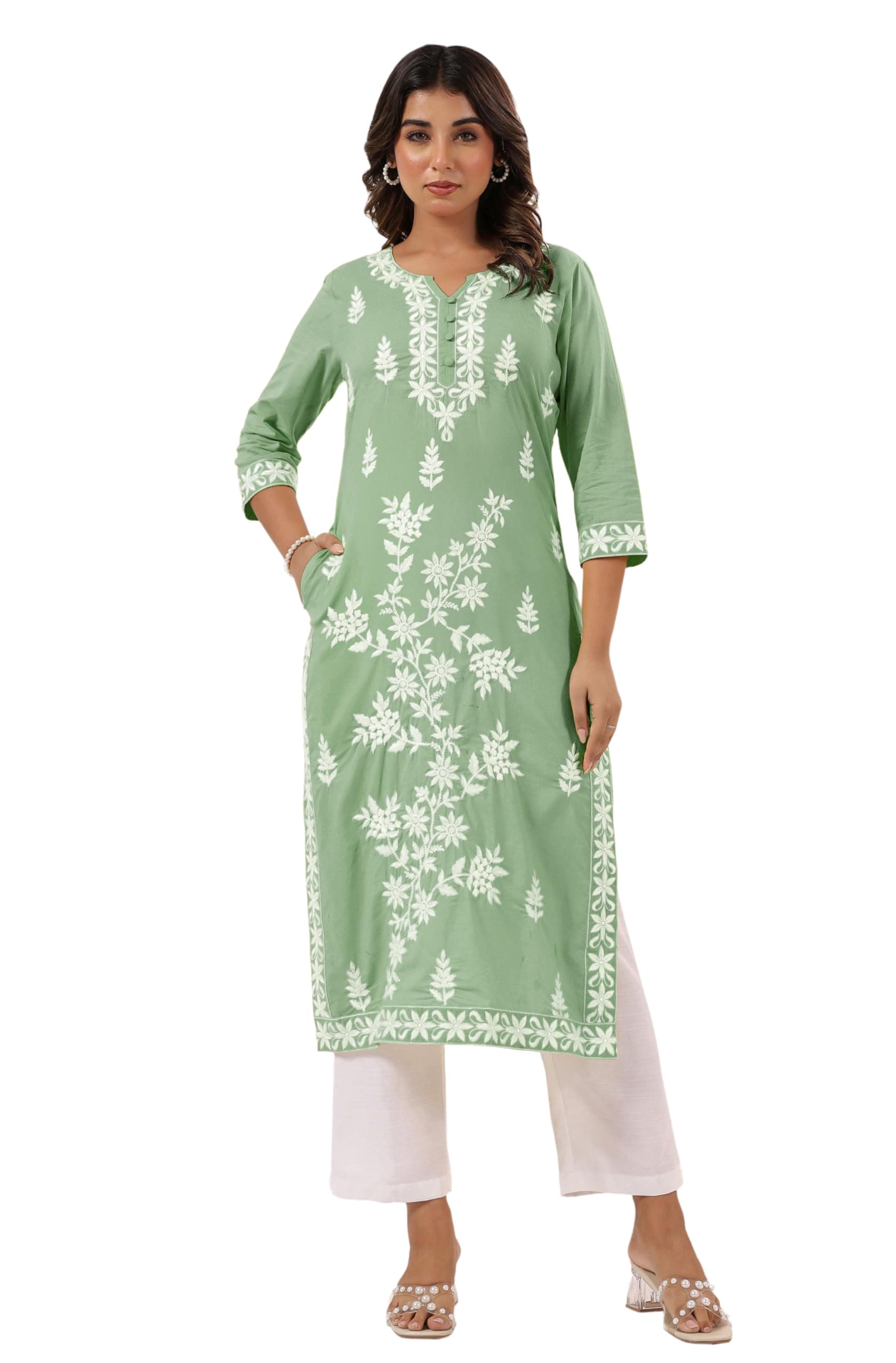 Janasya Women's Light Blue Pure Cotton Embroidered Straight Kurta