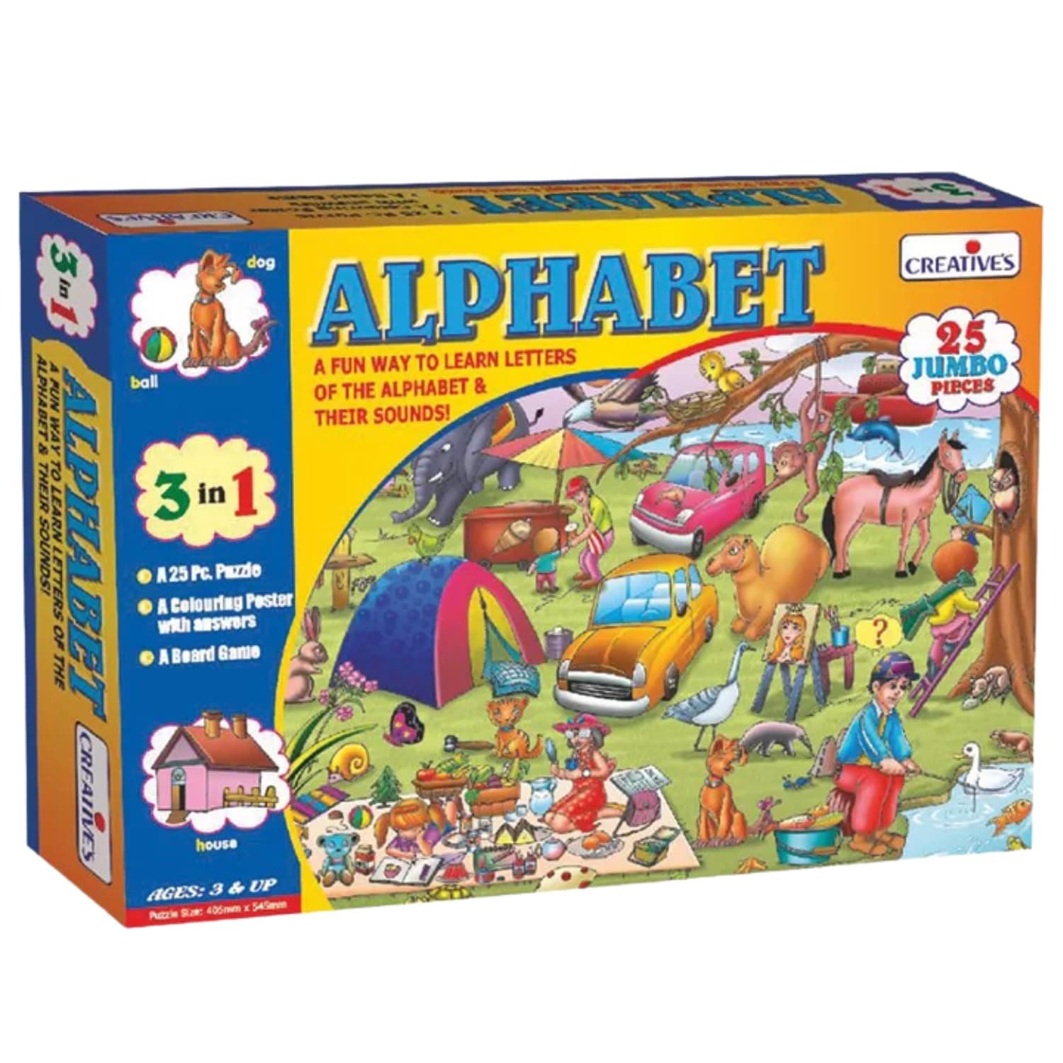 Creative's Alphabet Jumbo Puzzles 3-in-1, Learn Letters Sounds Vocabulary, 25 Pieces + Colouring Poster + Board Game, Visual Discrimination Observation, Langauge Educational Toy, Ages 3 & Up