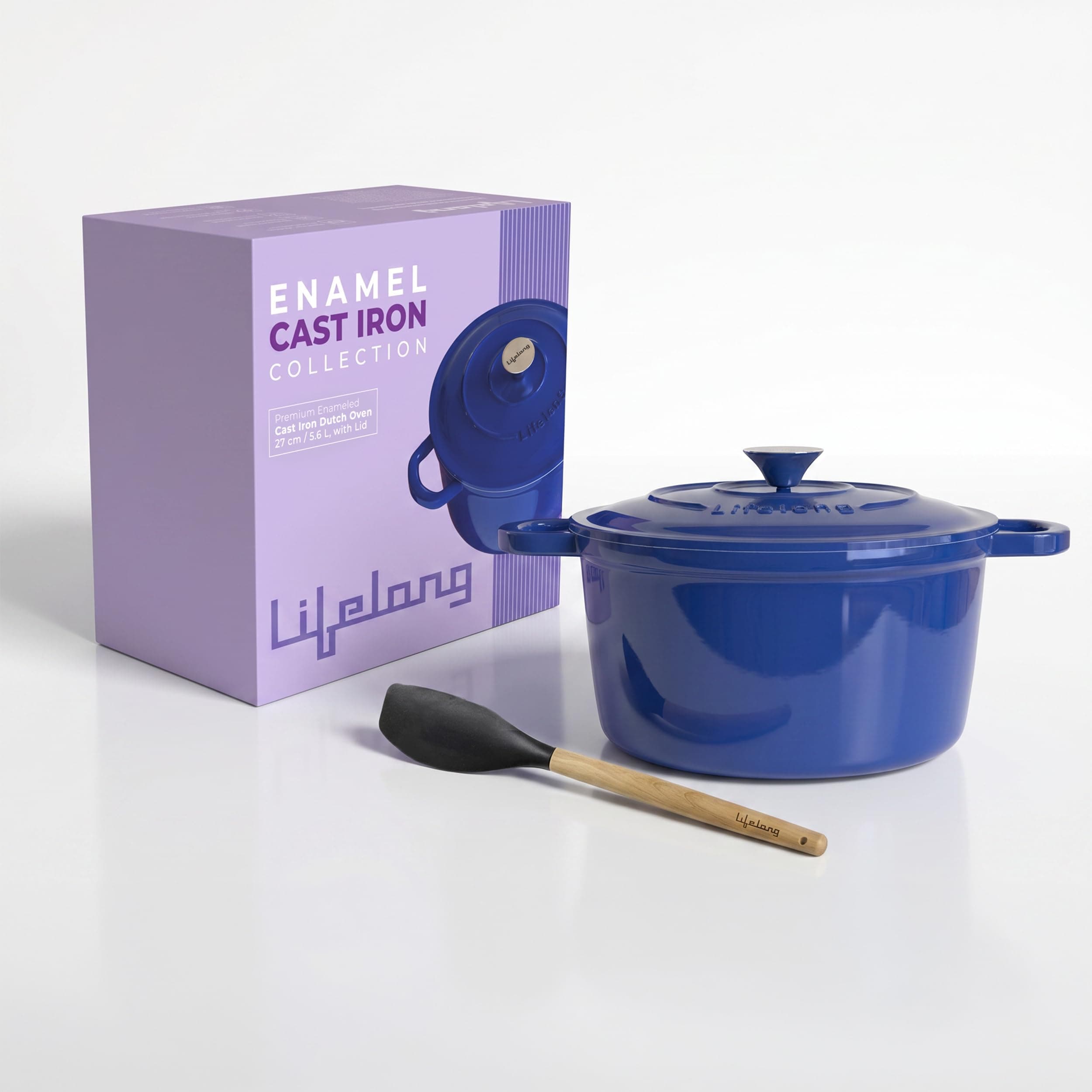 Lifelong Enamel Cast Iron Dutch Oven with Lid (5.6L, 28cm) | Oven, Gas & Induction Compatible | Slow Cooking, Even Heat Distribution, Nontoxic, Durable, Naturally Nonstick, No Stains & Scratch (Blue)