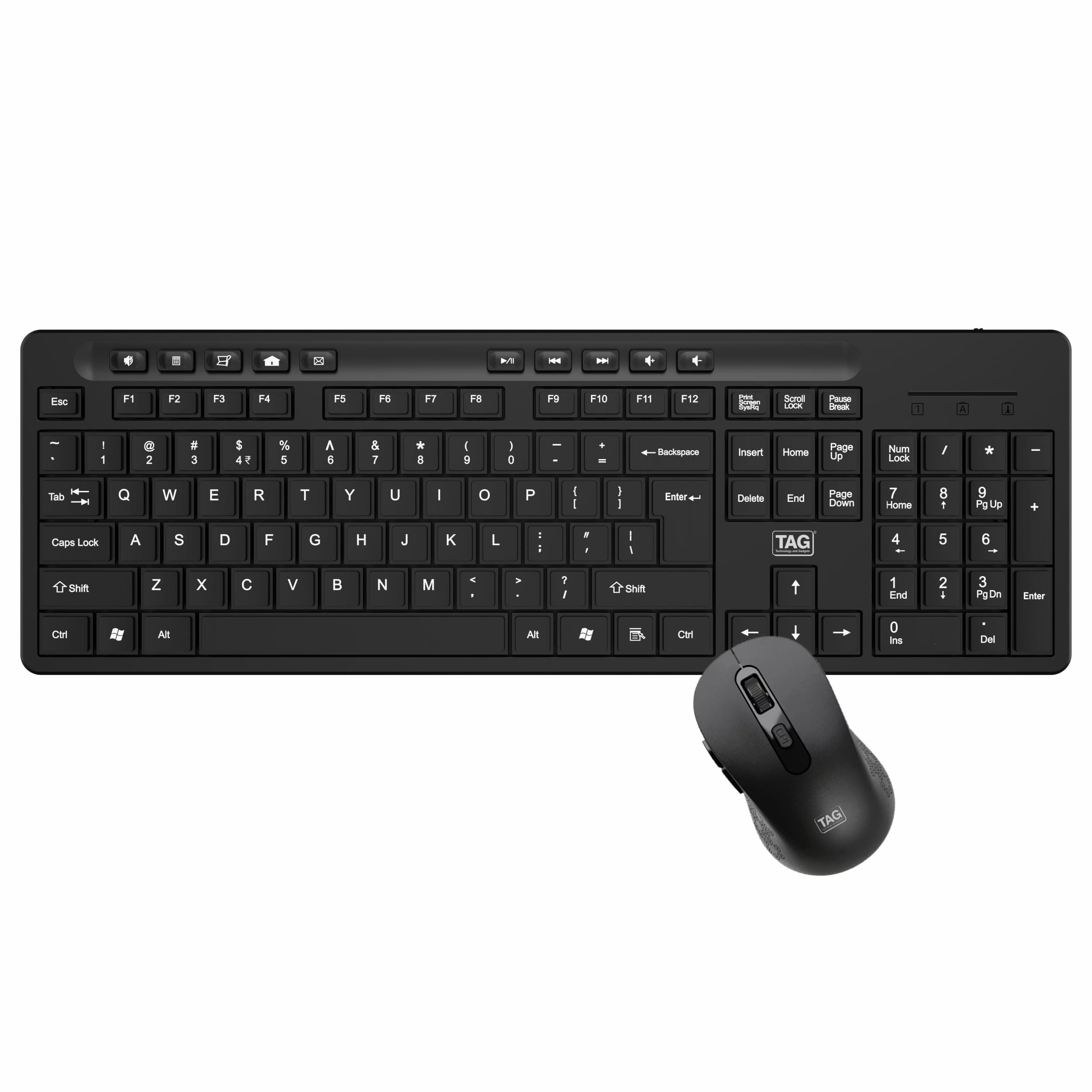 TAG KBWM1000 Black Wireless Keyboard & Mouse Combo Kit with USB 2.4Ghz Nano Receiver, Linear Chiclet Keys, Upto 10M Clicks, Full 104 Keys & 10 Multimia Keys, 6 Buttons Mouse, for Windows/Mac/Linux