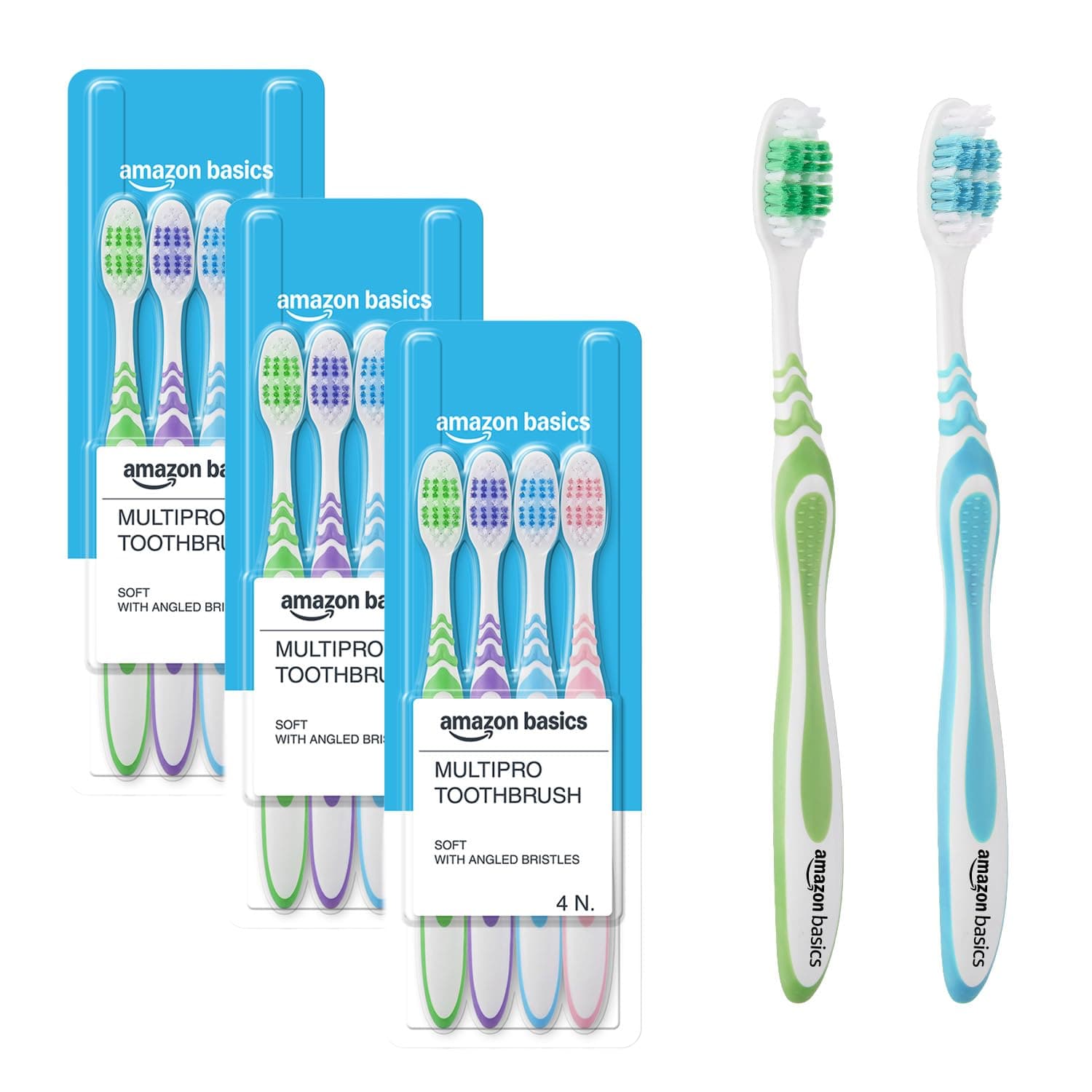 Amazon Basics MultiPro ZigZag Toothbrush for Adults, Multicolour | 12-Count (4 × 3 Packs) | Soft Bristles for Deep Cleaning, Plaque Removal & Gentle Gum Care