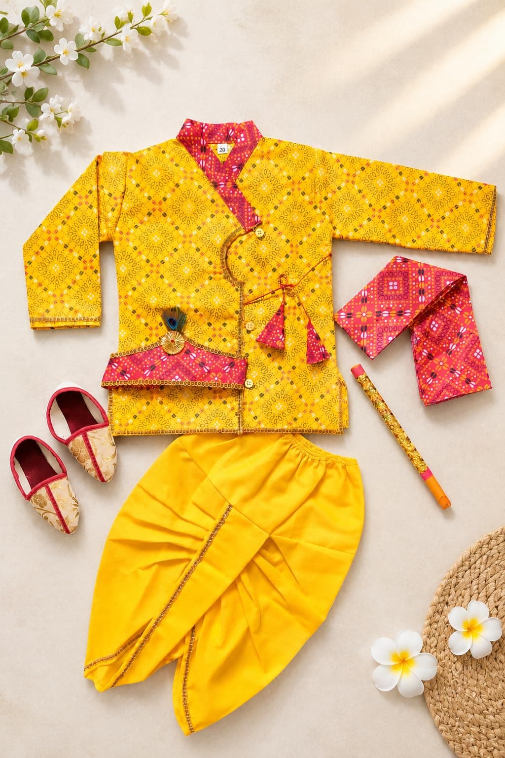 Boys Krishna Costume Kurta Dhoti Set, Yellow Bandhani Print