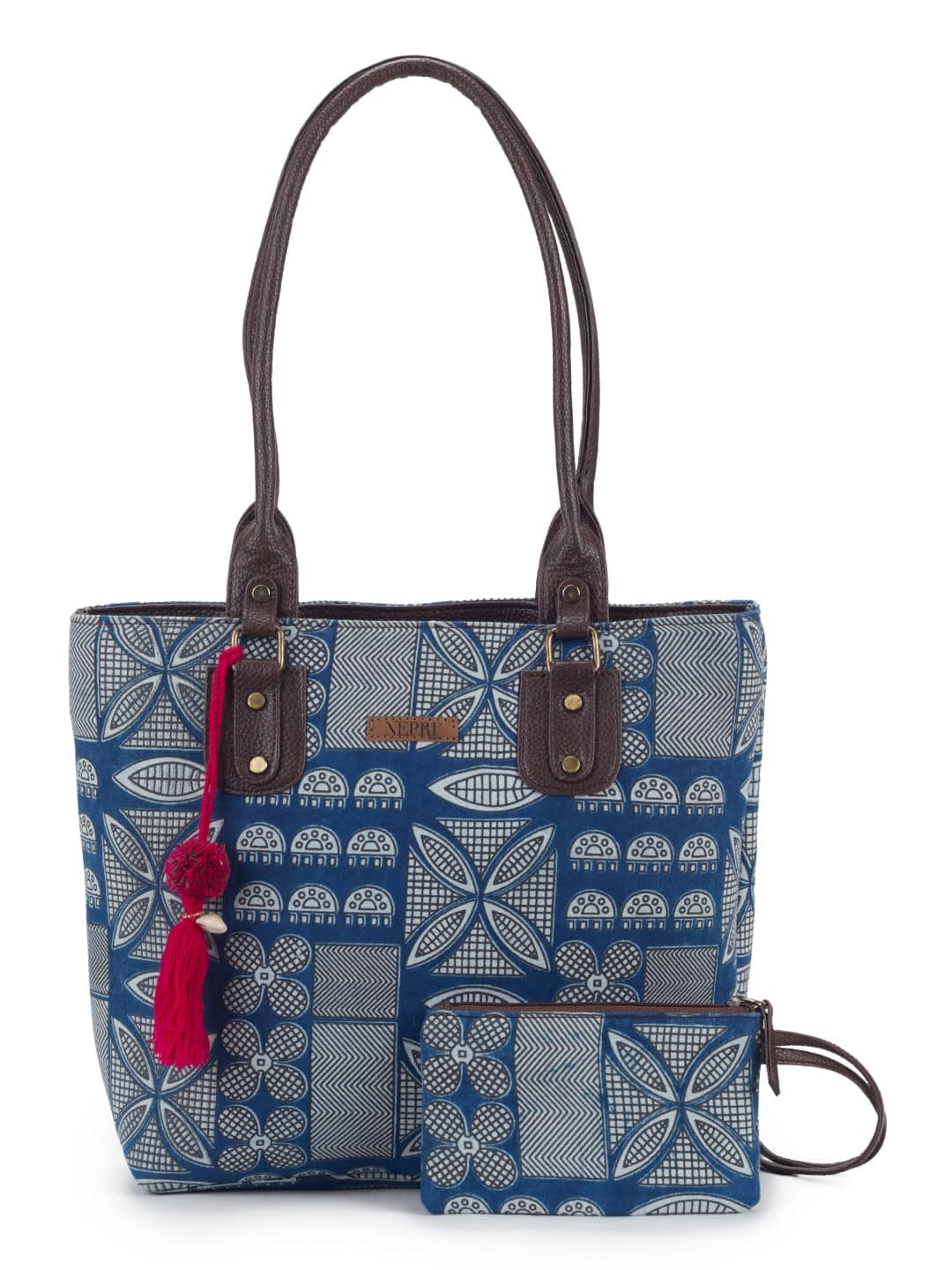 NEPRI Office Pouch Tote Bag | Stylish Set of 2 Tote Bags for Women| Vegan Leather & Handblock Printed Fabric Handbag with Double Handle Shoulder Strap| Daily & Travel Use