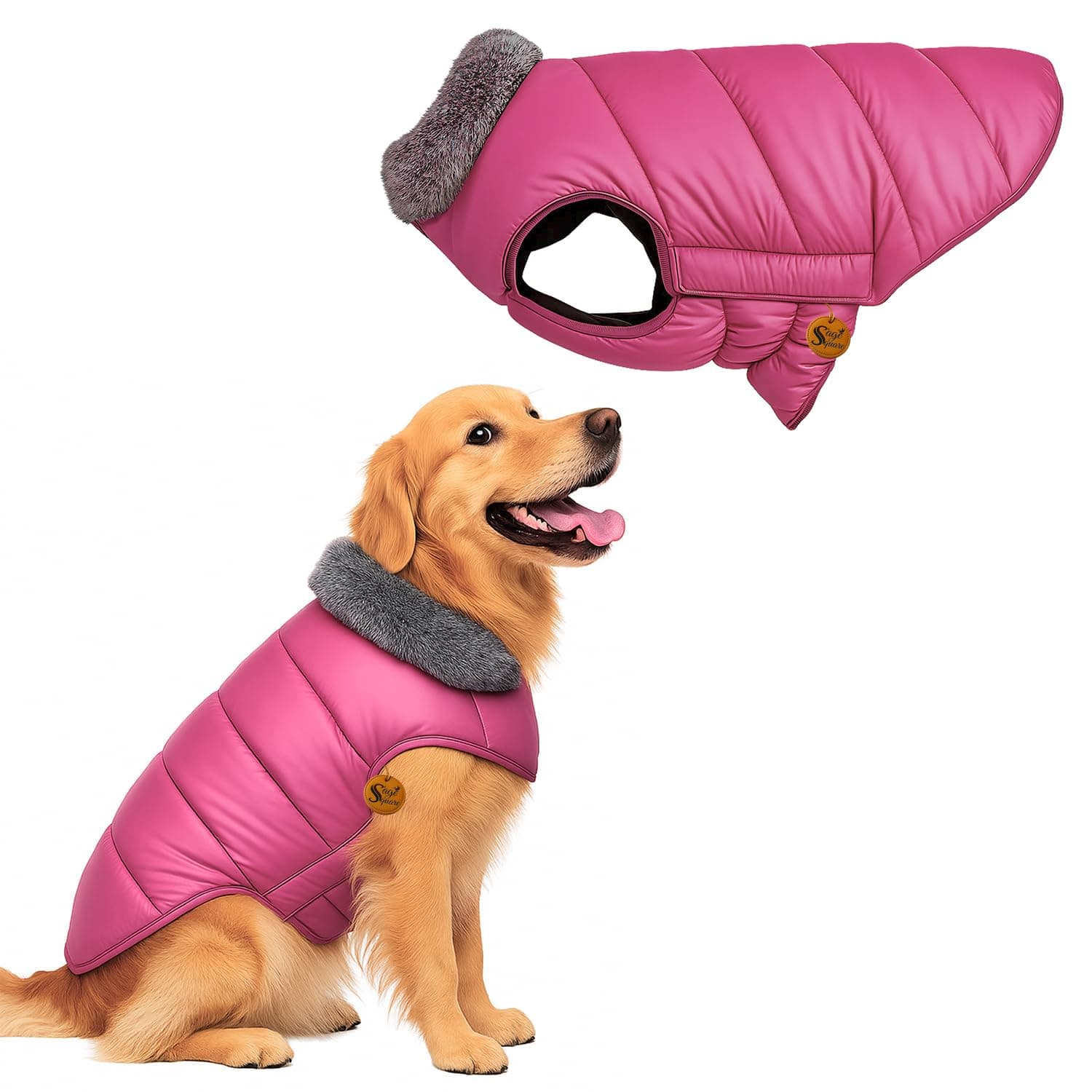 Sage Square Dog Jacket Winter Coat with Fur Collar, Light Weight, Ultra Warm Windproof, Waterproof Dog/Puppy for Cold Weather, Thicker Fleece Jacket (Pink, XLarge - 30inch)