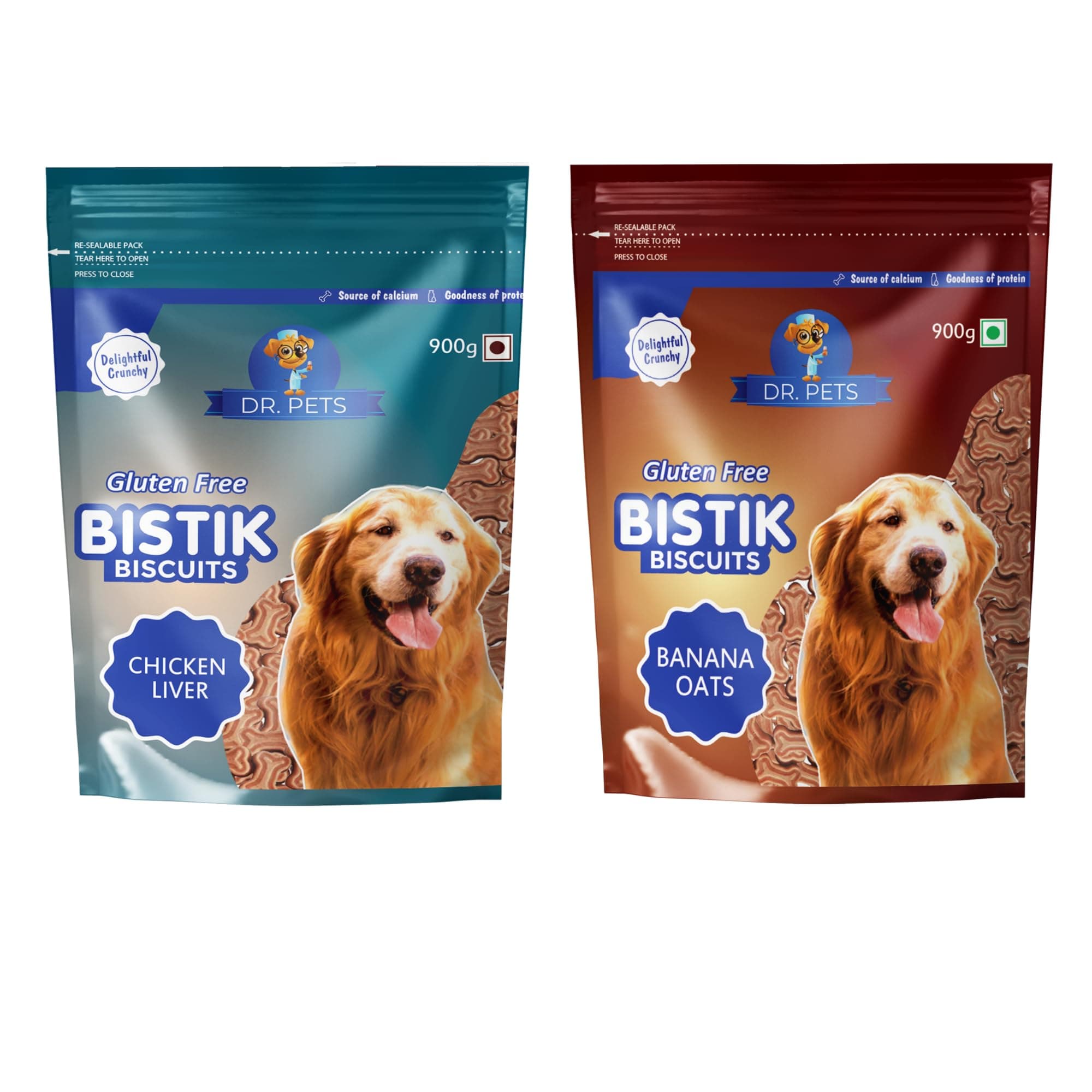 Dr.Pets Bistik Dog Food Adult - Dog Biscuits for Adult Dog & Puppy, Gluten Free Healthy Treats with Fresh & Natural Ingredients, Banana Oats & Chicken Liver Flavor 900g Each (Combo Pack)