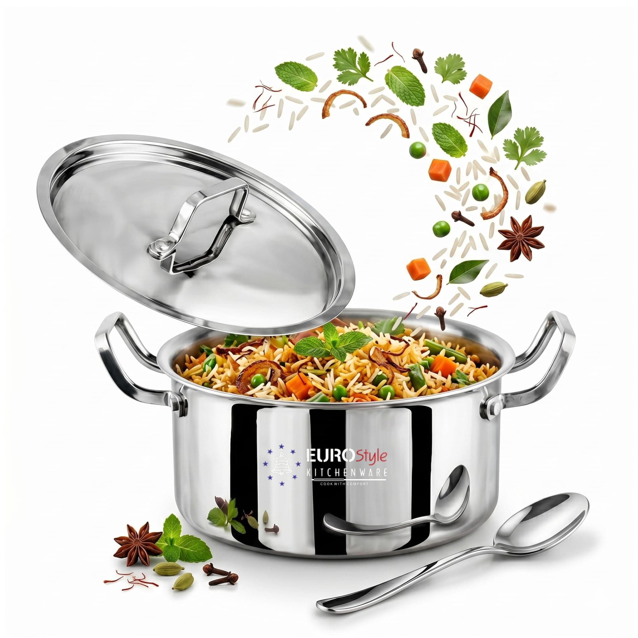 EUROStyle 32CM Professional Stainless Steel Triply Biryani Pot with Lid, Heavy Duty, Deep Cooking Vessel, ISI Mark Certified, Ideal for Biryani, Curries & Dum Cooking - 10L (Ideal for 10-11 Persons)