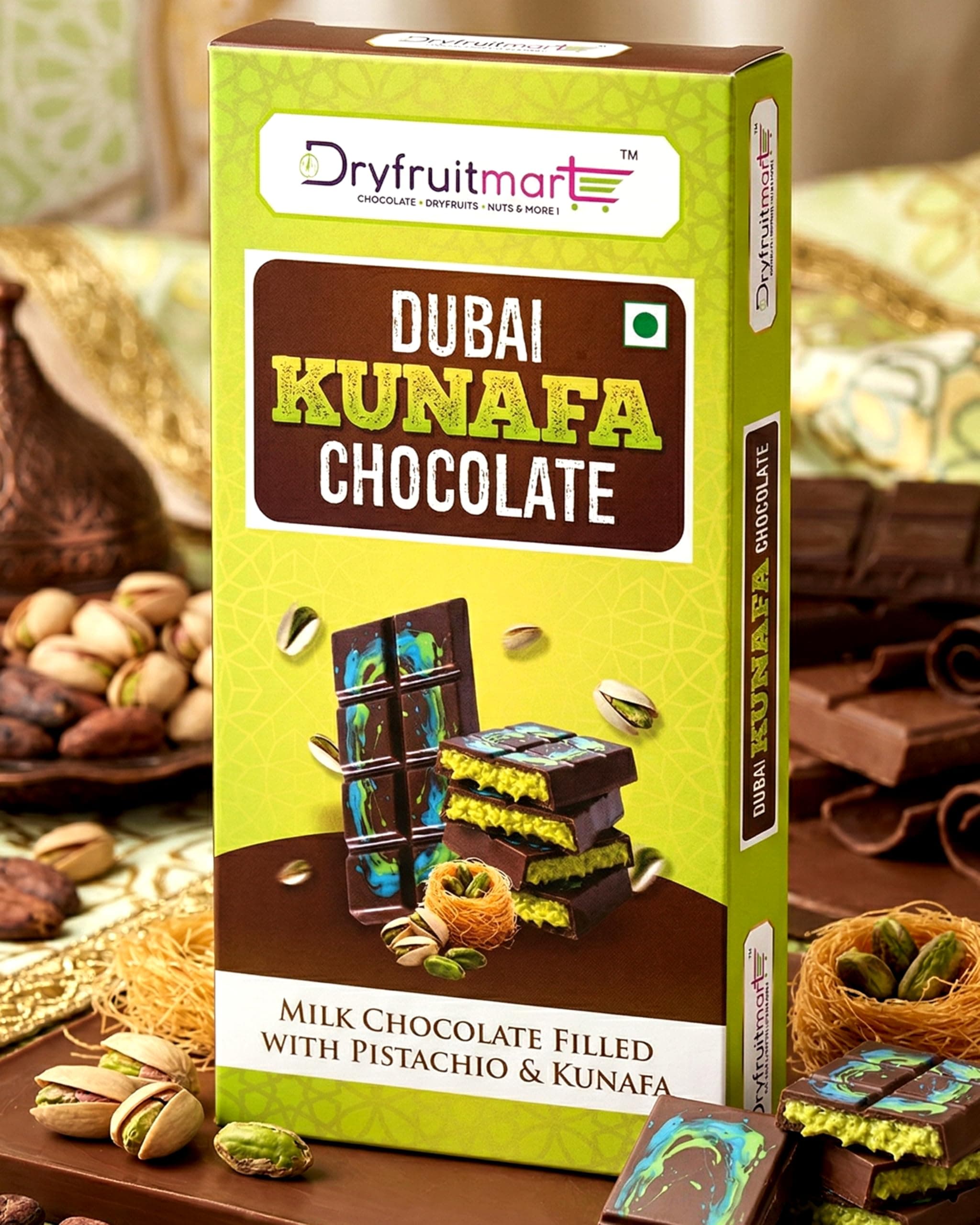 Dryfruit Mart Dubai Kunafa Chocolate Bar, Filled With Crunchy Pistachio Kunafa, 90g (1 Pack)
