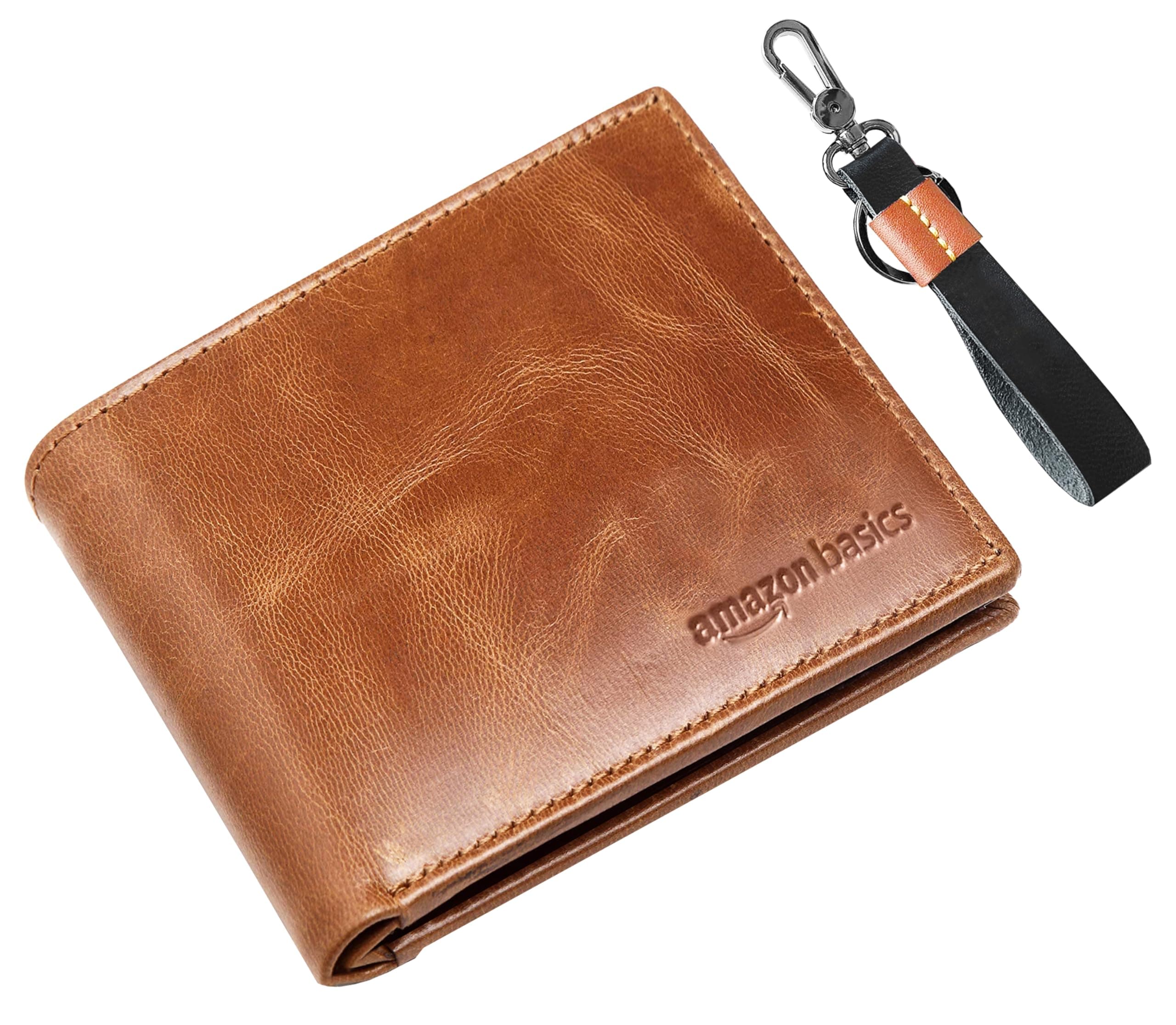amazon basics Genuine Leather Wallet, Keyring & in Gift Box Packaging- Classic Men's Gifting Combo (Tan Brown)