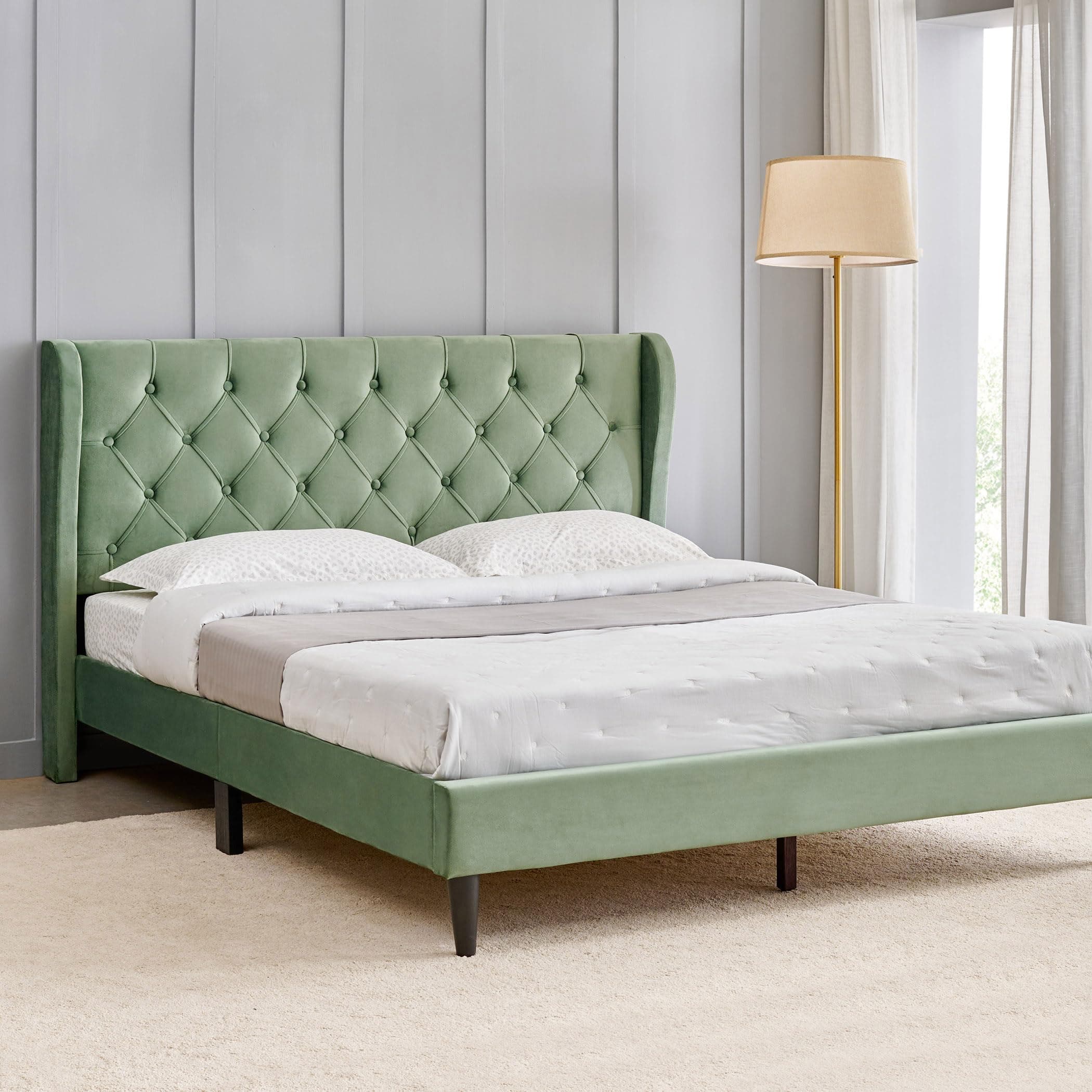 Home Centre | Helios Bravo Roxy Upholstered King Size Bed Without Storage | Engineered Wood | Green | 1 Year Warranty