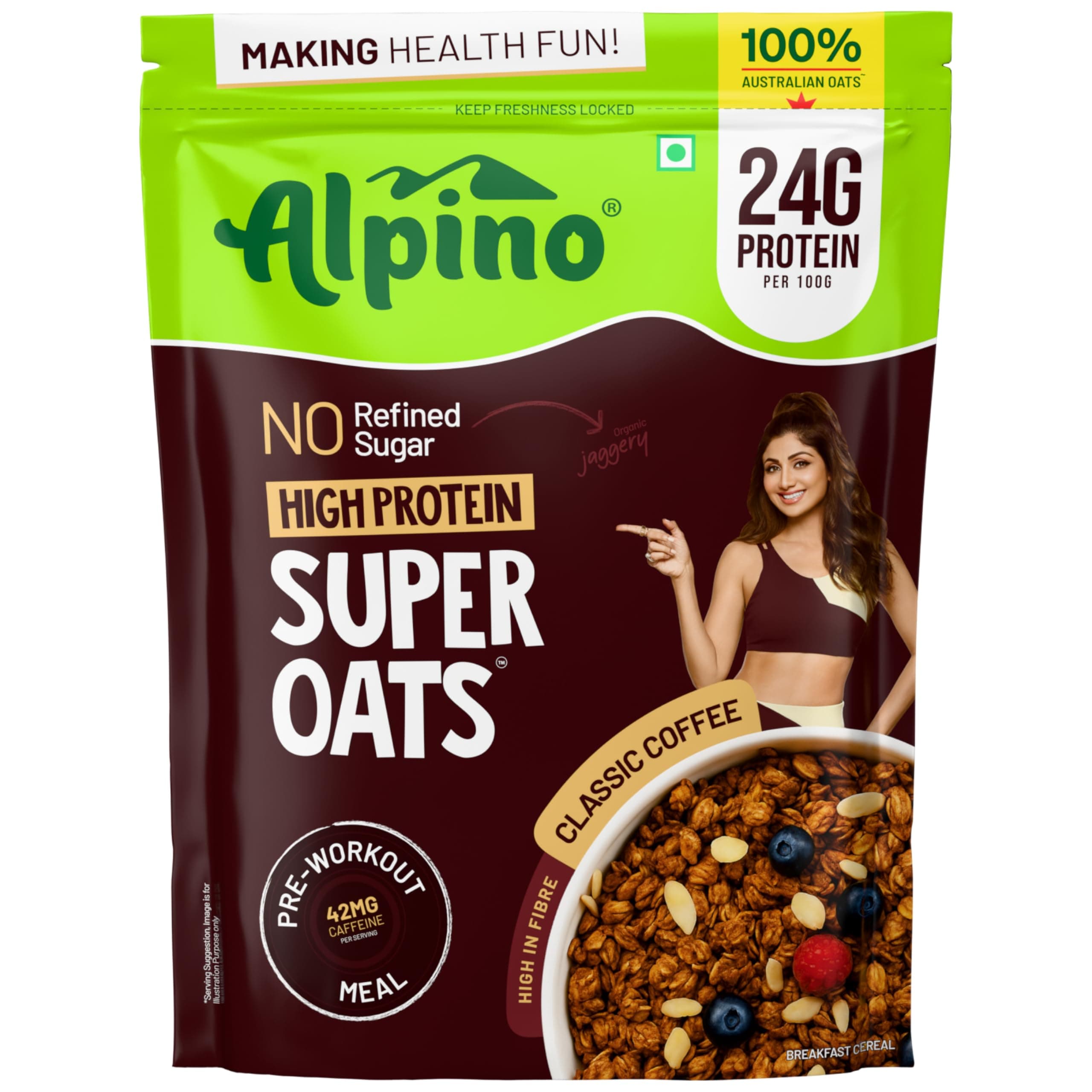 ALPINO 24% High Protein Super Oats Classic Coffee 1kg – Rolled Oats, Natural Peanut Butter, Coffee Extract, Jaggery Powder – 24g Protein, Source of Dietary Fibre & Healthy Fats, No Refined Sugar & Salt