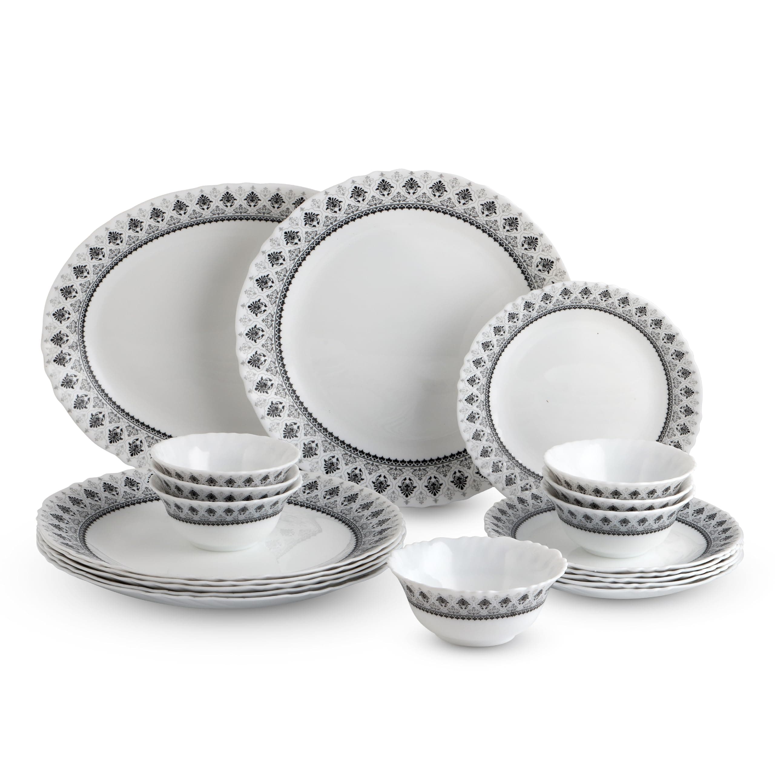 CELLO Damask Imperial Plus Series Opalware Dinner Set of 19 Pieces For Family of 6 | Bone-Ash Free & Leadfree Opal Glass Microwave & Dishwasher Safe Crockery Plates & Bowls Set For Daily Use & Gifting