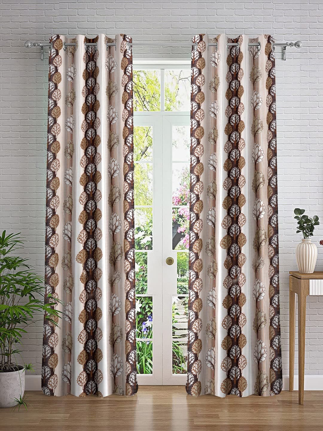 Cortina 2 Piece Abstract Design Panel Eyelet Polyester Window Curtains - 5 Feet, Brown