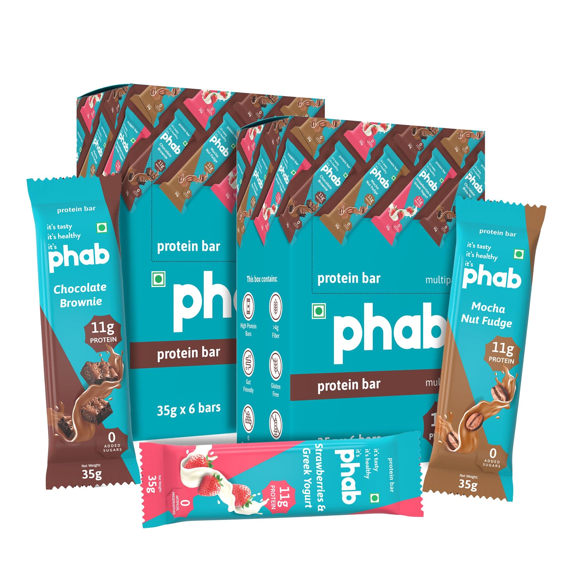 Phab Assorted Protein Bars (Chocolate, Mocha, Strawberry) 11g Protein, No Added Sugar | High Fibre, Trans Fat-Free & No Preservatives |Healthy & Tasty | GMO Free (Pack of 12 x 35g)