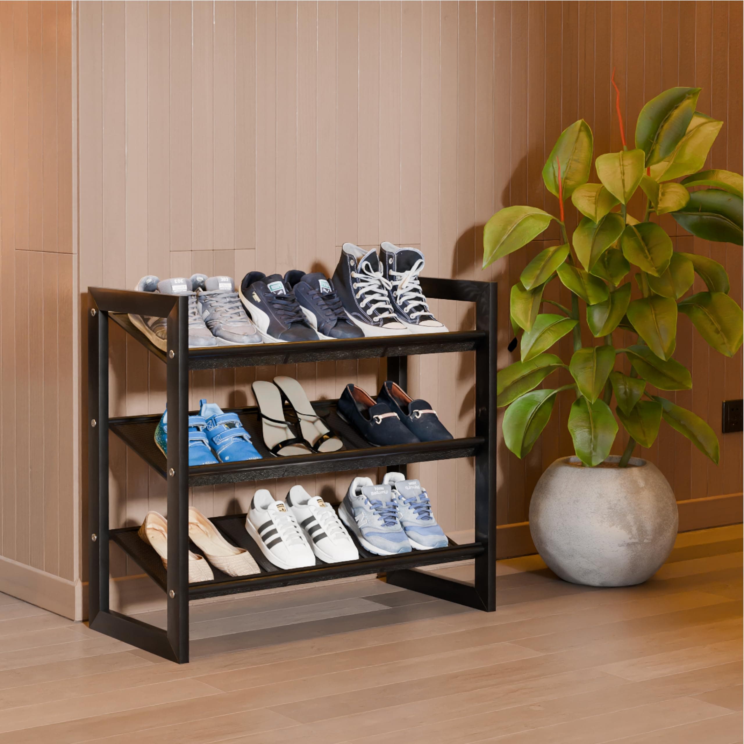 Lifelong Shoe Rack for Home | 3-Tier Multipurpose Storage Wire Mesh Stand| Ideal for 9 Shoe Pairs|Space Saving Organiser for All Footwear Like Slippers & Sneakers |Durable with Metal Finish - Black