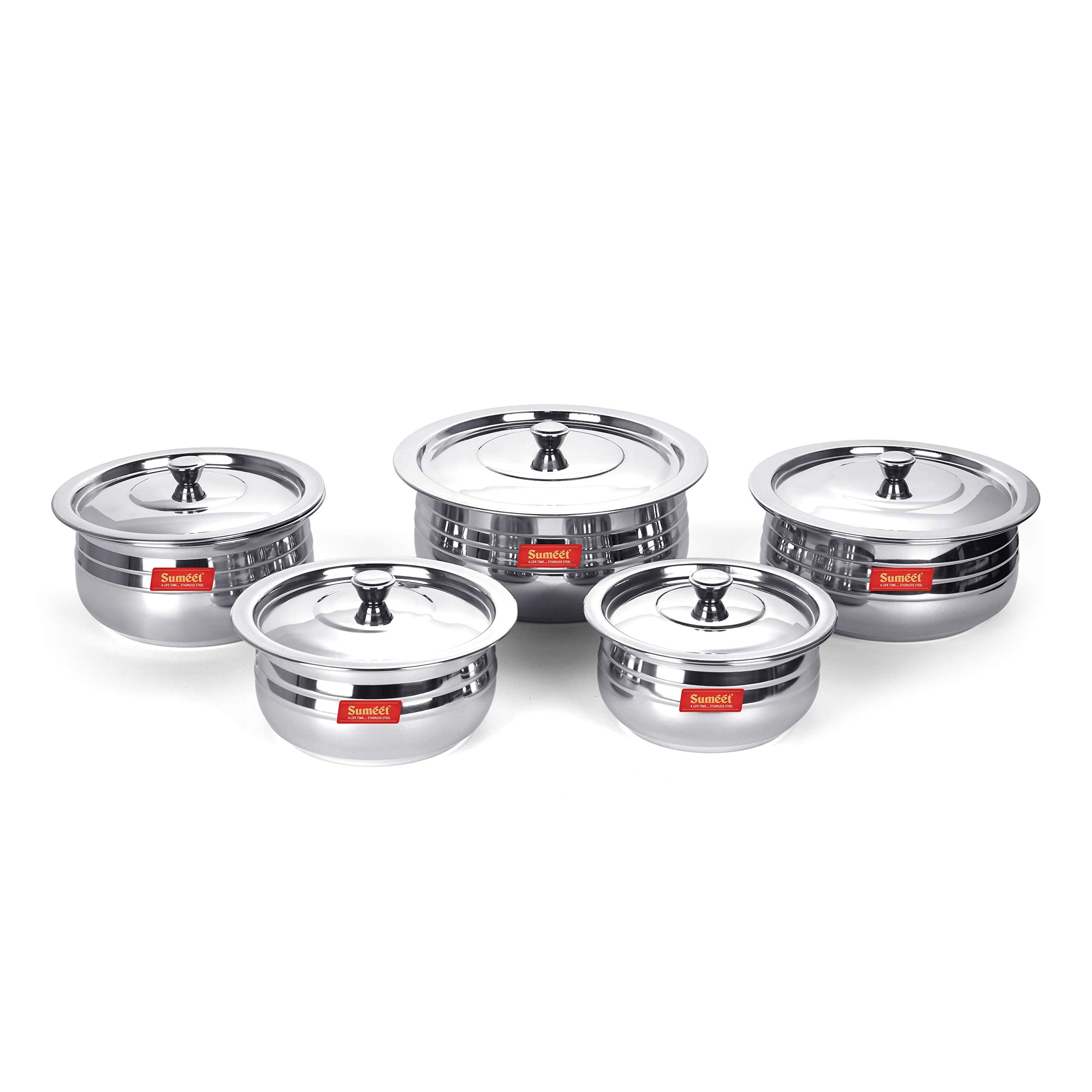 Sumeet Stainless Steel Cook And Serve 5Pc Handi Set With Lids 1 , 1.35, 1.7, 2.1, 2.8, 2.8 Liter