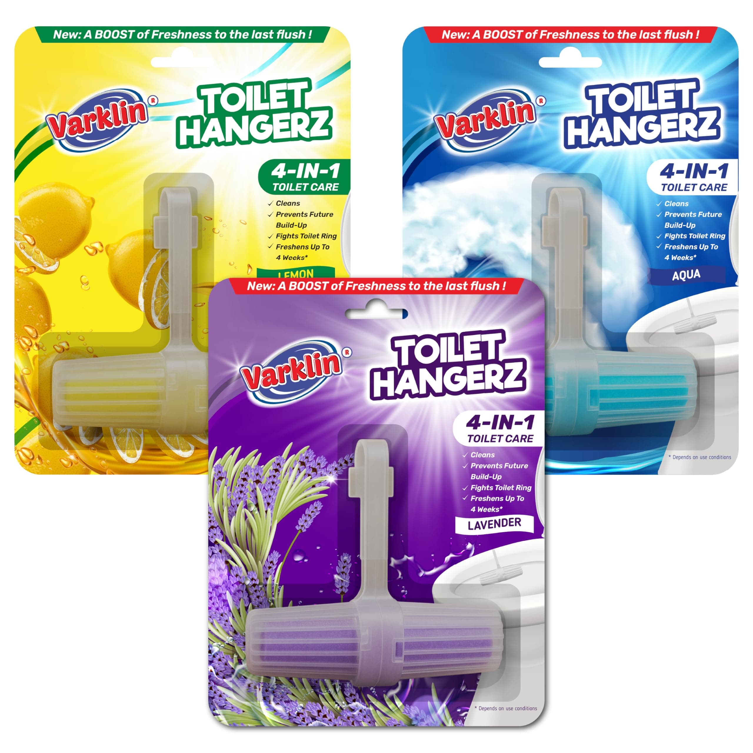 Varklin Toilet Rim Hangerz | Mix Fragrance Pack 3 Toilet Cleaner Rim Block | Automatic Bowl Cleaner | Refreshing Freshness for Clean Washroom | Easy-to-Use Toilet Cleaner | Lasts Upto 4 Weeks