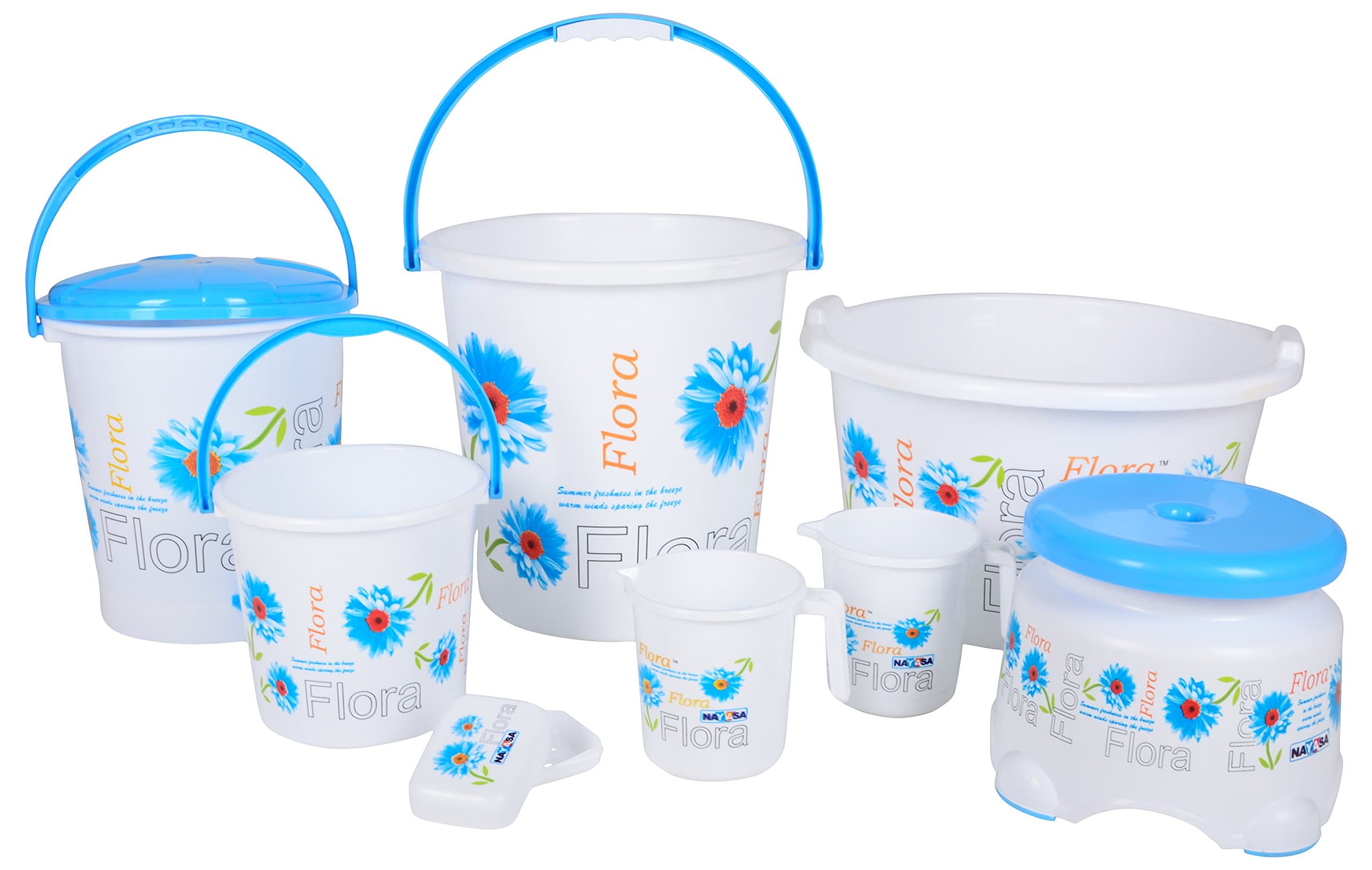 Nayasa Flora 8 Piece Bathroom Accessories Set, Complete Plastic Bathroom Utility Combo with Bucket, Mug and Daily Use Essentials for Home, Blue