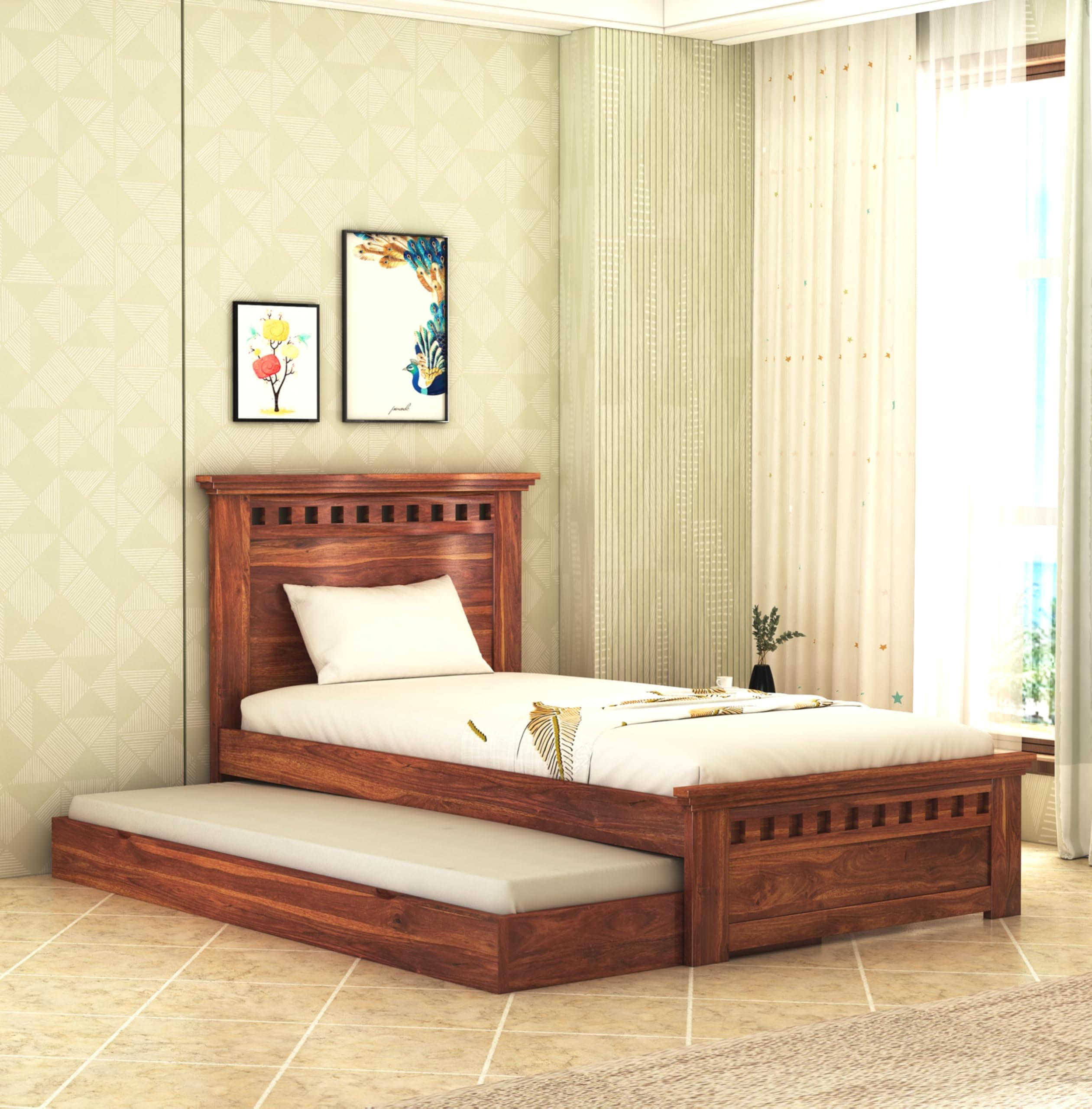 MAMTA Decoration Sheesham Wood Kuber Single Size Trundle Bed with 1 Extra Pullout Bed for Bedroom Living Room Home (Honey Finish)