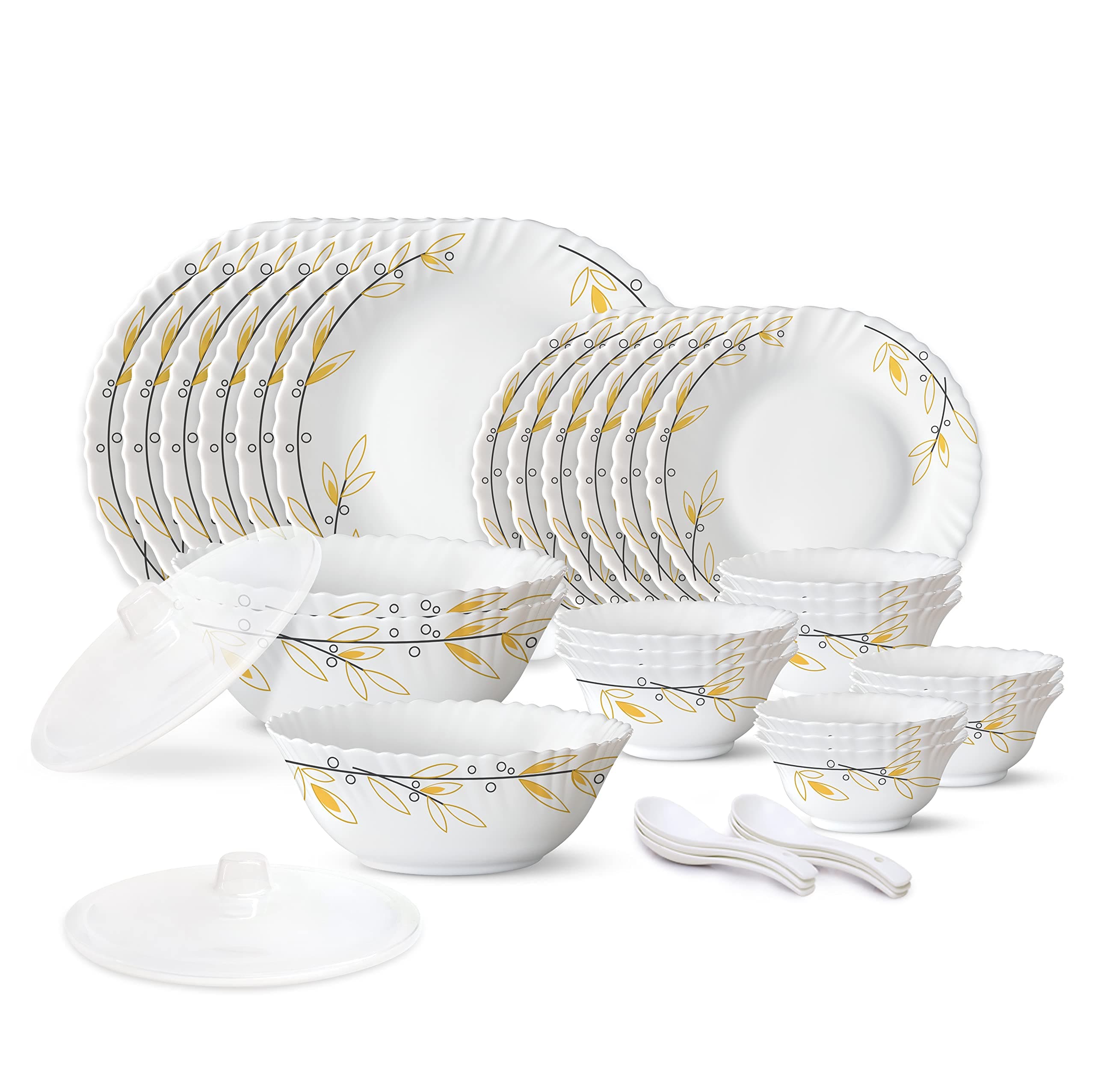 Larah by Borosil 35 Pieces Opalware Dinner Set | for Family of 6 | Microwave & Dishwasher Safe | Bone-Ash Free | Crockery Set for Dining & Gifting | Plates & Bowls (Bella)