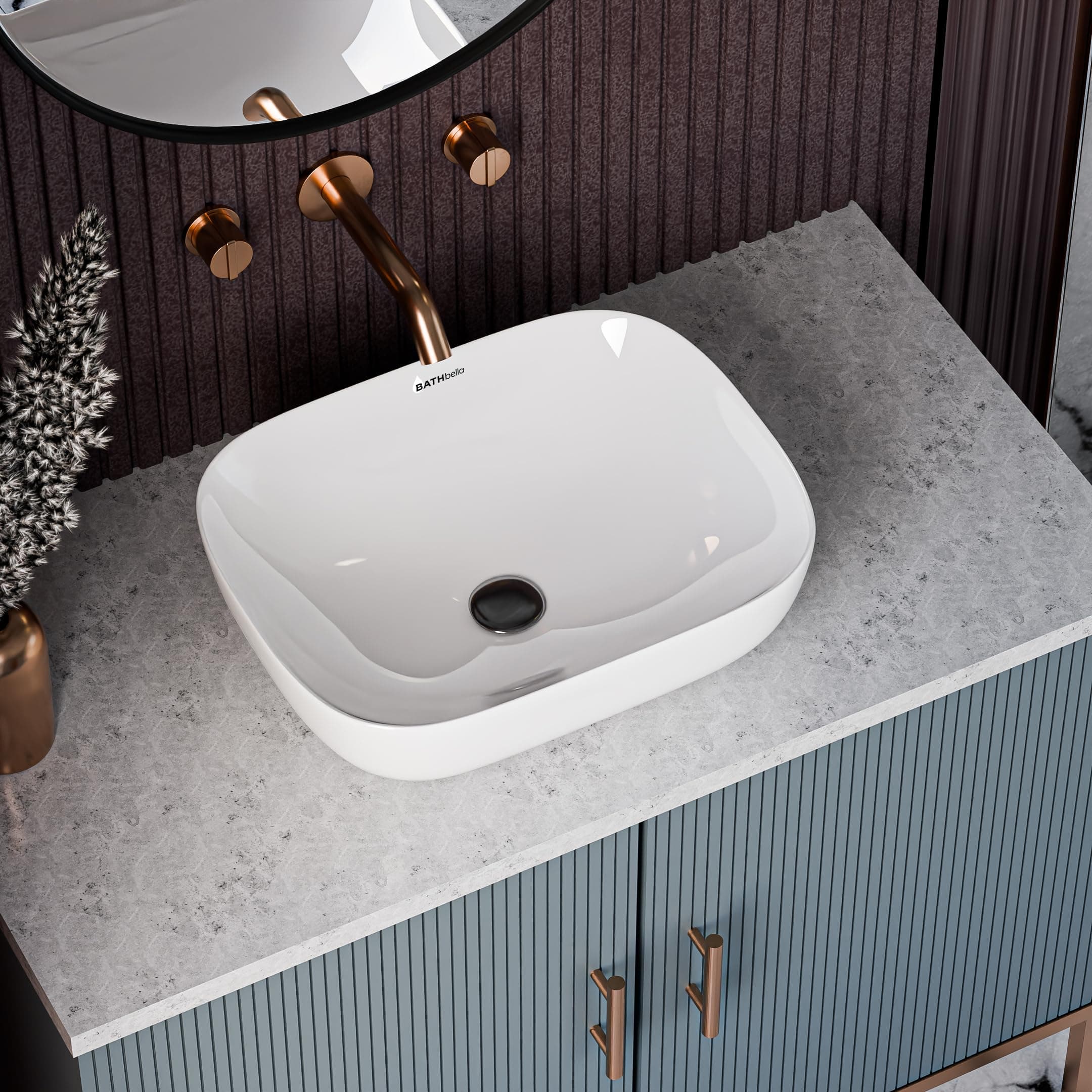 BATHBELLA Table Top Ceramic Wash Basin For Bathroom | Rectangular Counter Top Bathroom Sink, Premium Glossy White Above Counter Vanity Basin, Modern Design (18 x 13 x 5 Inch)