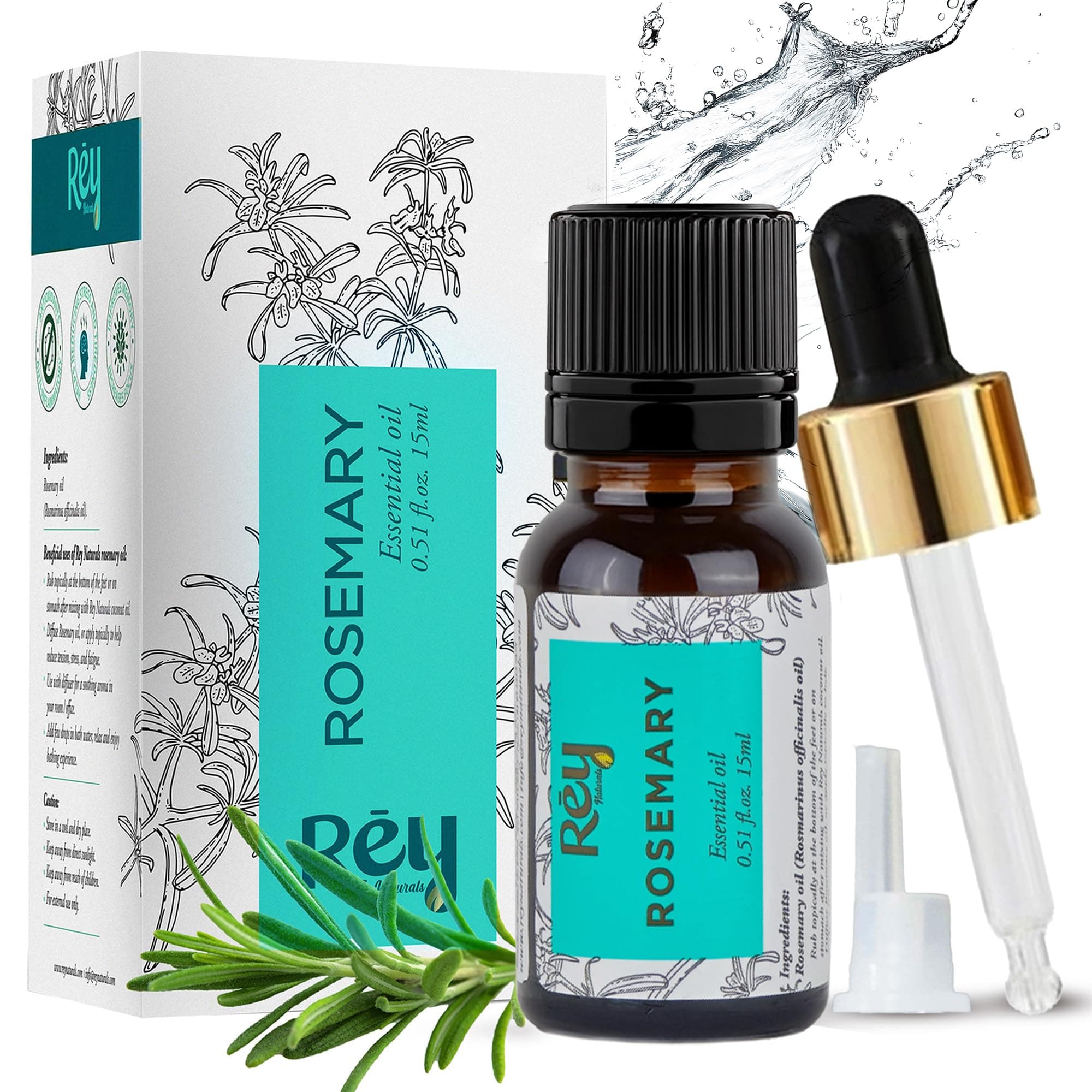 Rey Naturals Pure Rosemary Essential Oil For Hair Growth, Hairfall Control, Dandruff & Skin | Non Greasy Rosemary Oil for Skin, Body and Shiny Soft Hair | Hair Oil For Women & Men - 15ml