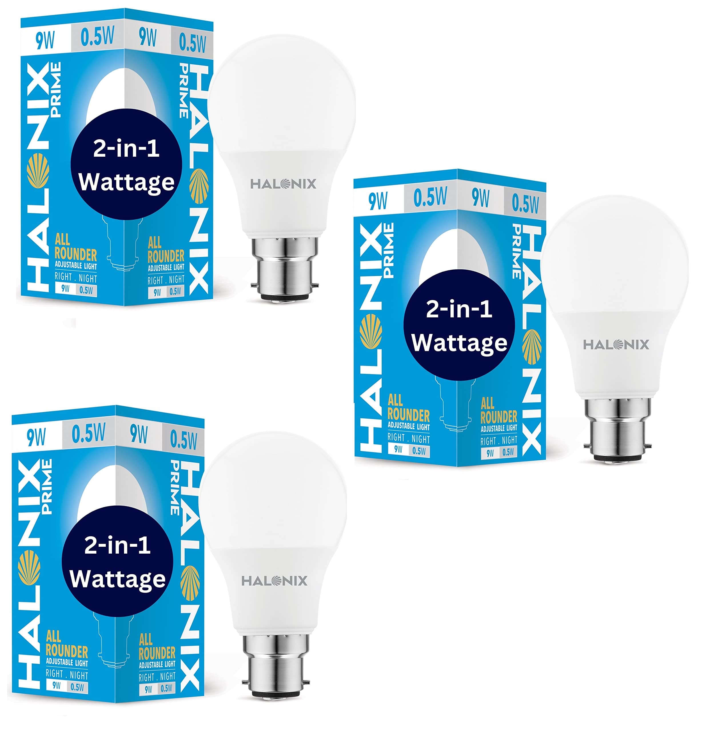 Halonix 2-in-1 Dimmable 9W,0.5W Multi Wattage Adjustable Light Led Bulb (Pack Of 3), All Rounder led bulb Base B22D
