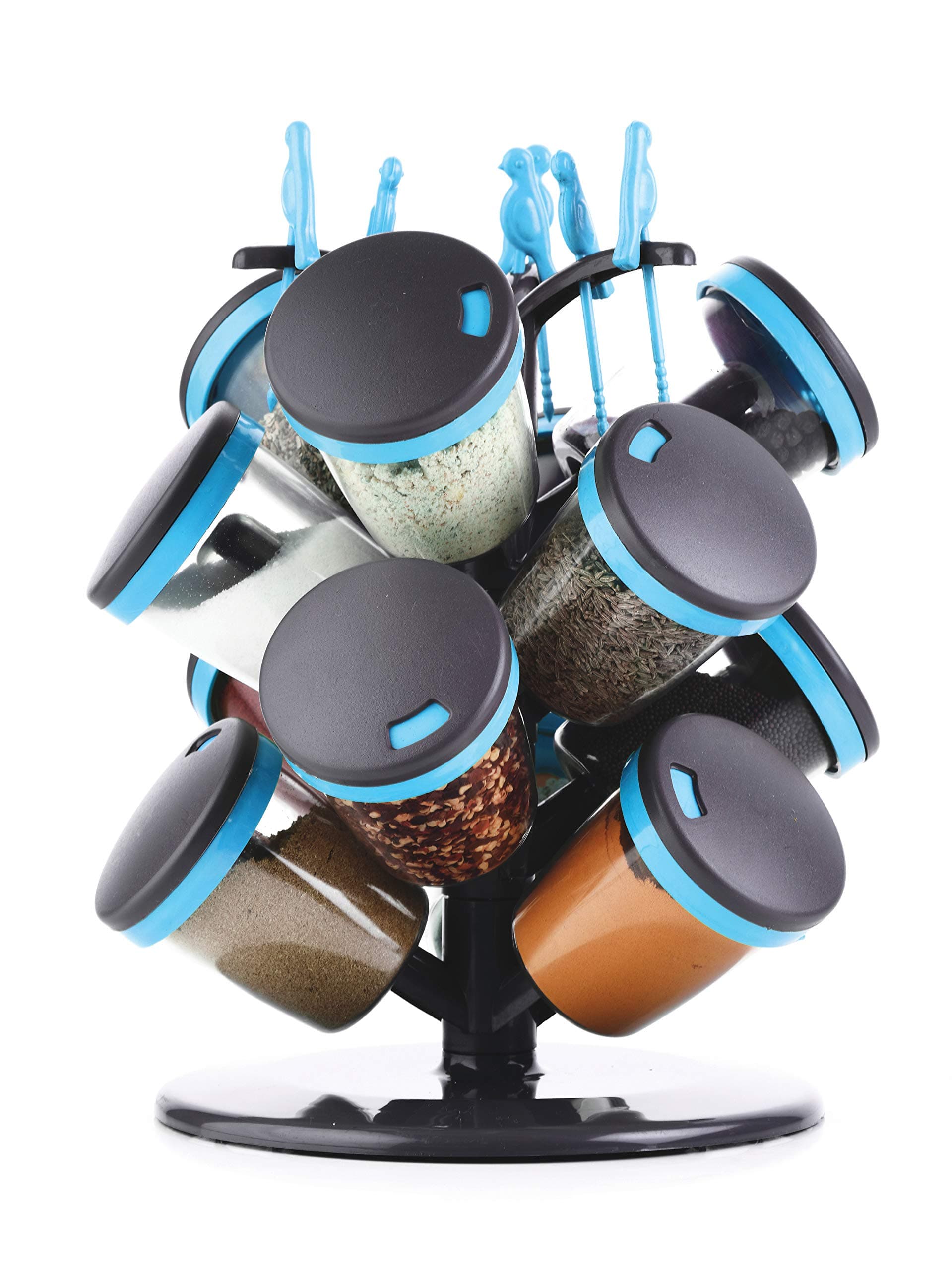 Crystal 360 Degree Revolving Spice/Masala Rack Set (12 Pcs) + 6 pcs Designer Fork, Multicolour