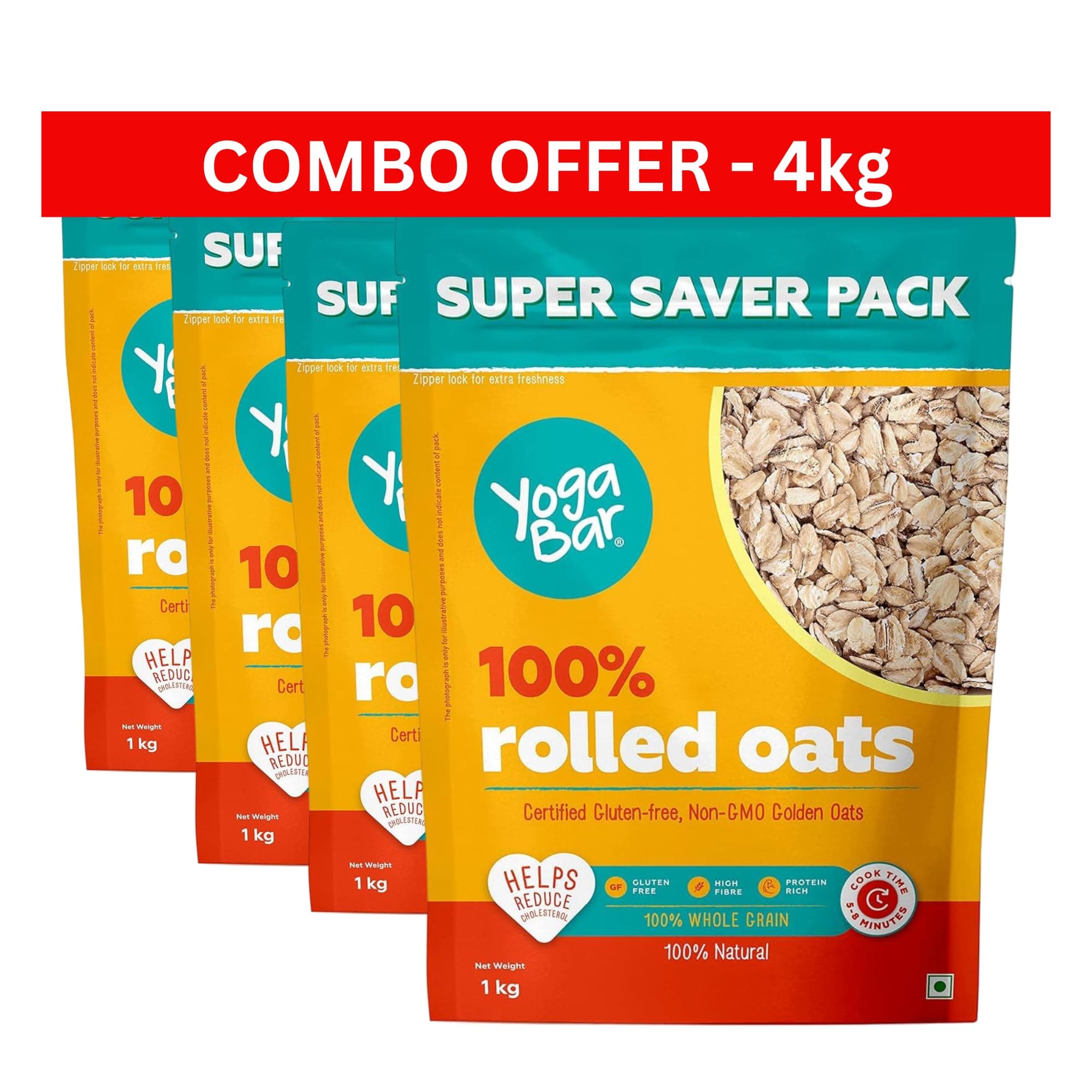 Yogabar Golden Jumbo Rolled Oats 4kg (1kg Pouch, Pack of 4) - Gluten-Free Oats with High Fibre - No Powder