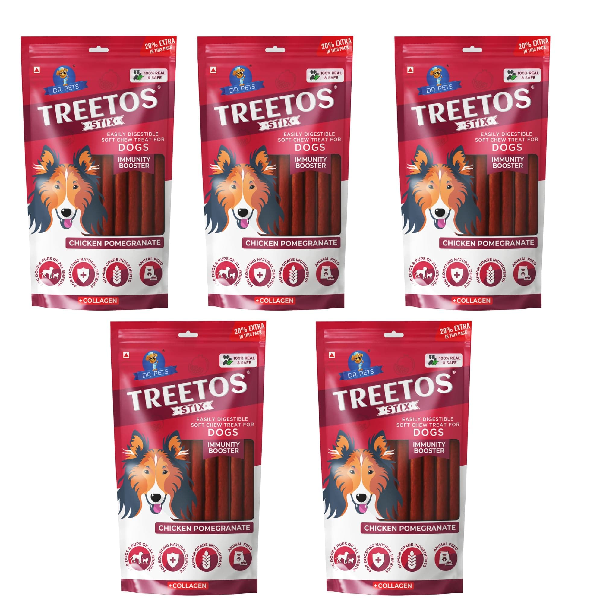 Dr. Pets Pack of 5 Chicken Pomegranate Dog Chew Sticks for Dental Stick, Calcium Bone and Chicken Dog Biscuits Healthy Treats and Training Snacks Long Lasting Chew Sticks for Small and Large Breed