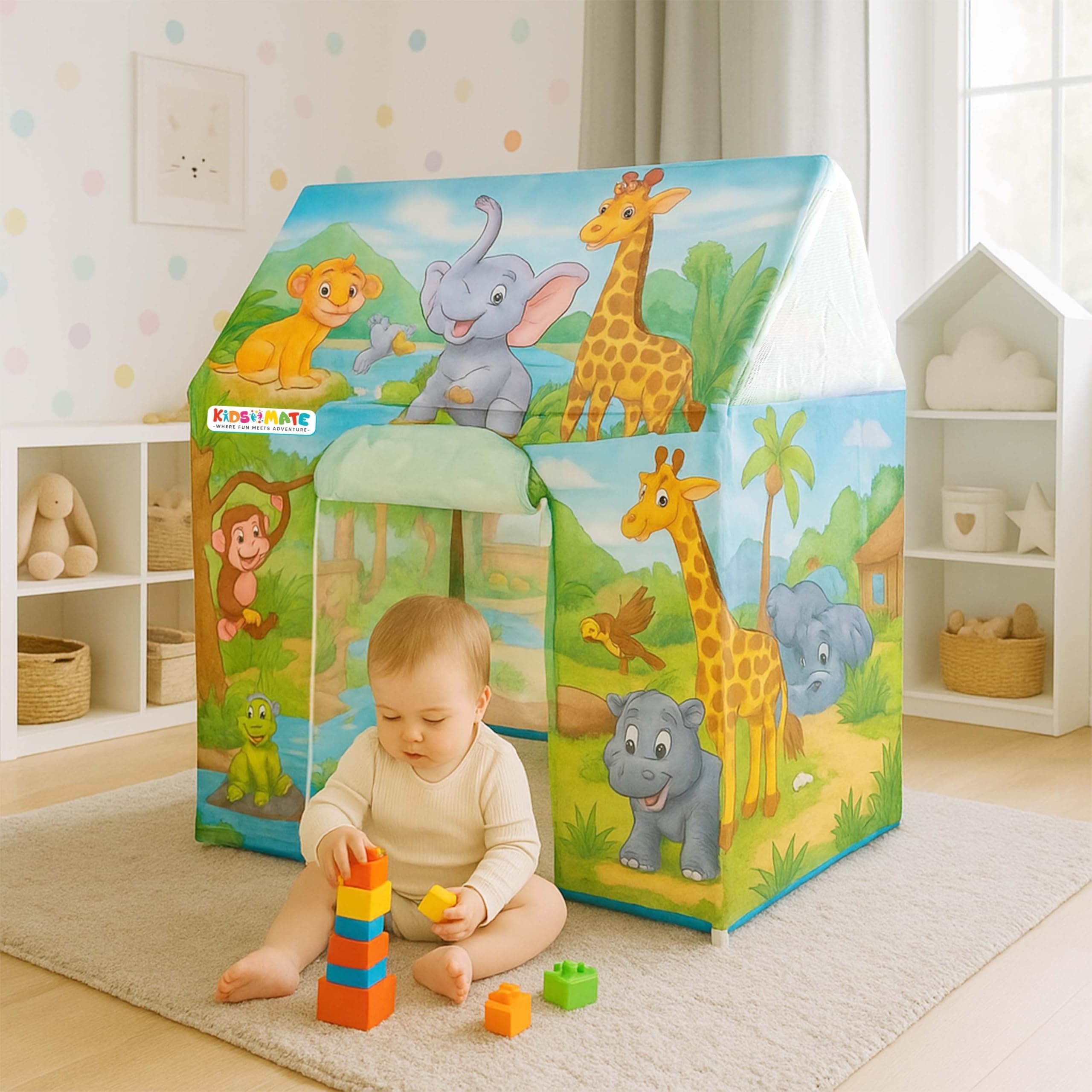 Kidsmate Jungle-Themed Play Tent for Kids | Lightweight & Foldable Pop-Up Tent with Cute Animal Prints | Indoor & Outdoor Portable Toy House for Boys & Girls of Age 2 Yrs & Up - Tropical Jungle Green