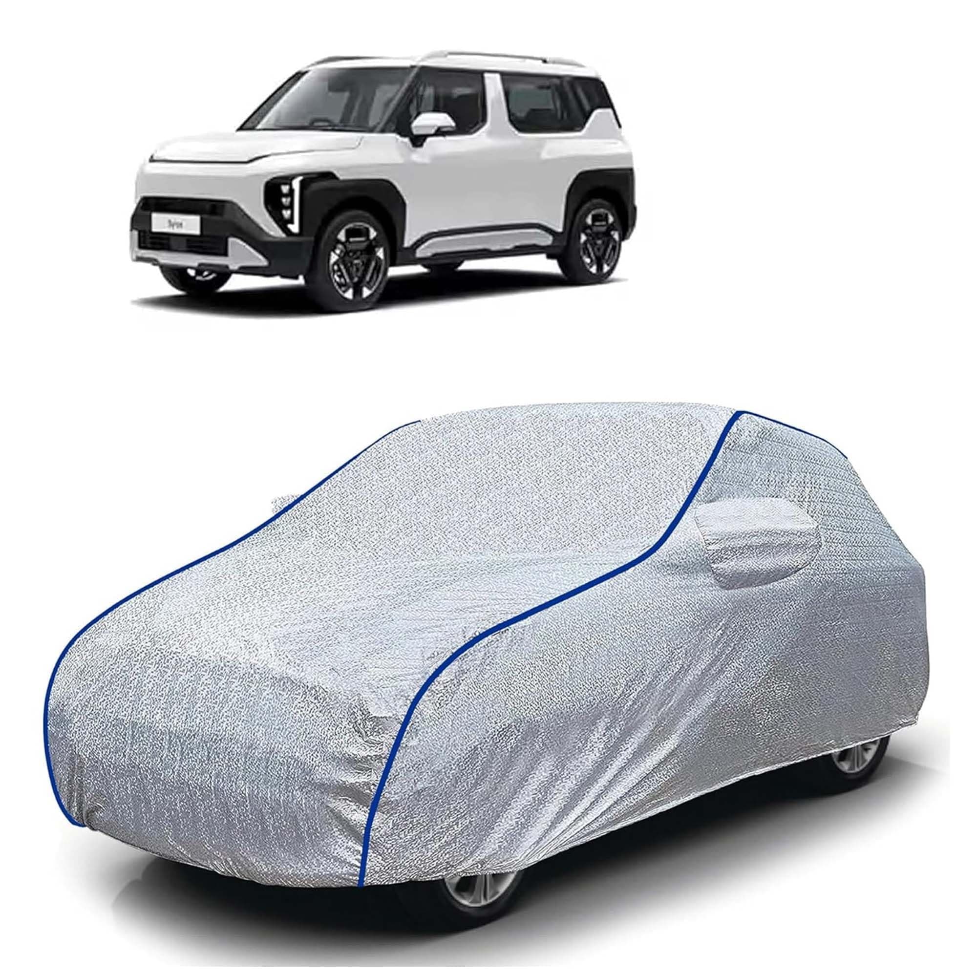 Sulfar 100% Waterproof Car Body Cover Compatible with Mirror for Kia Syros (Triple Stitched, Full Bottom Elastic, Magic Silver with Blue Piping)