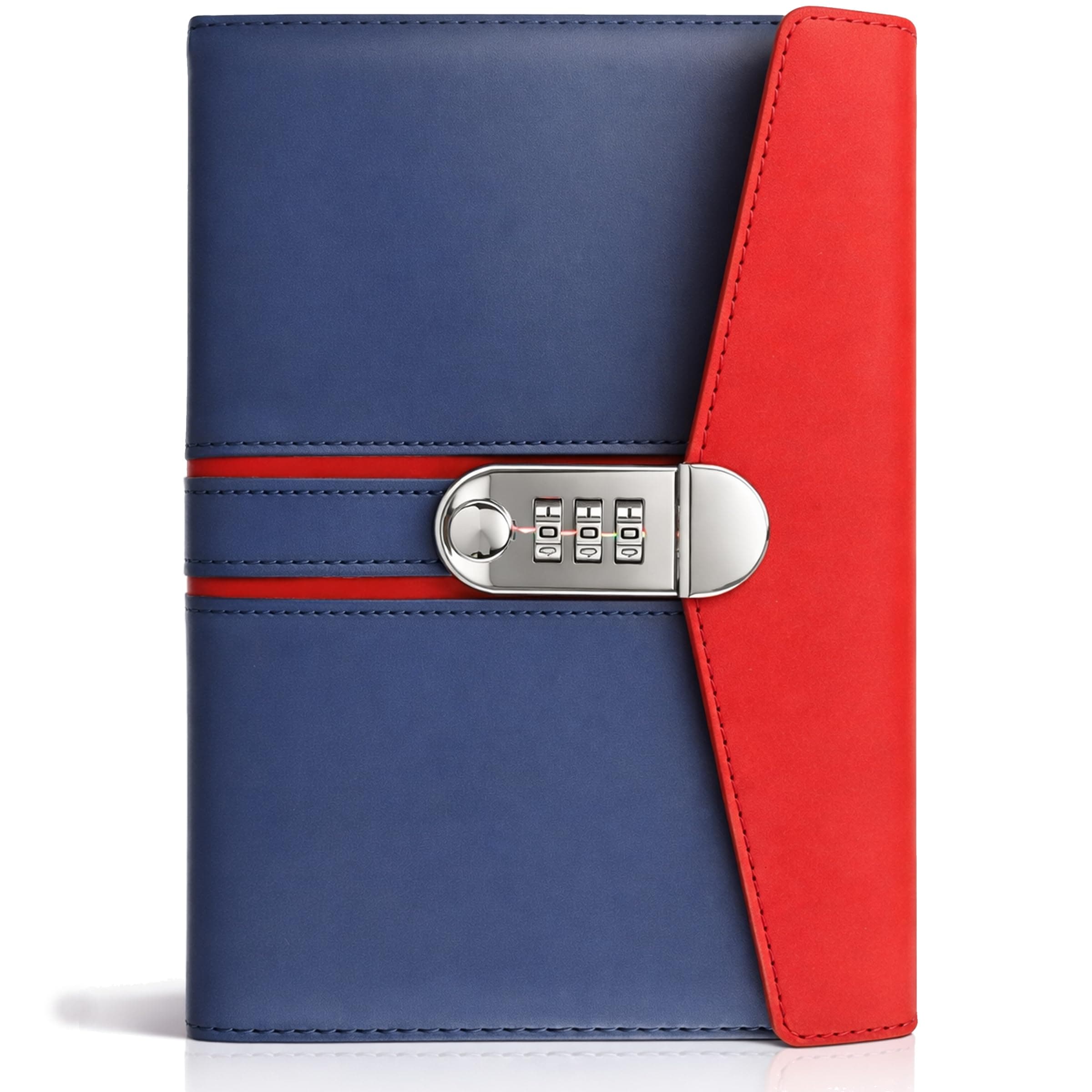 PD Craftozone Premium Diary with Password Lock & Pen Holder | Refillable Leather Journal Notebook | Secret Diary with Combination Lock for Men, Women & Kids | A5 Size Personal Organizer (Blue & Red)