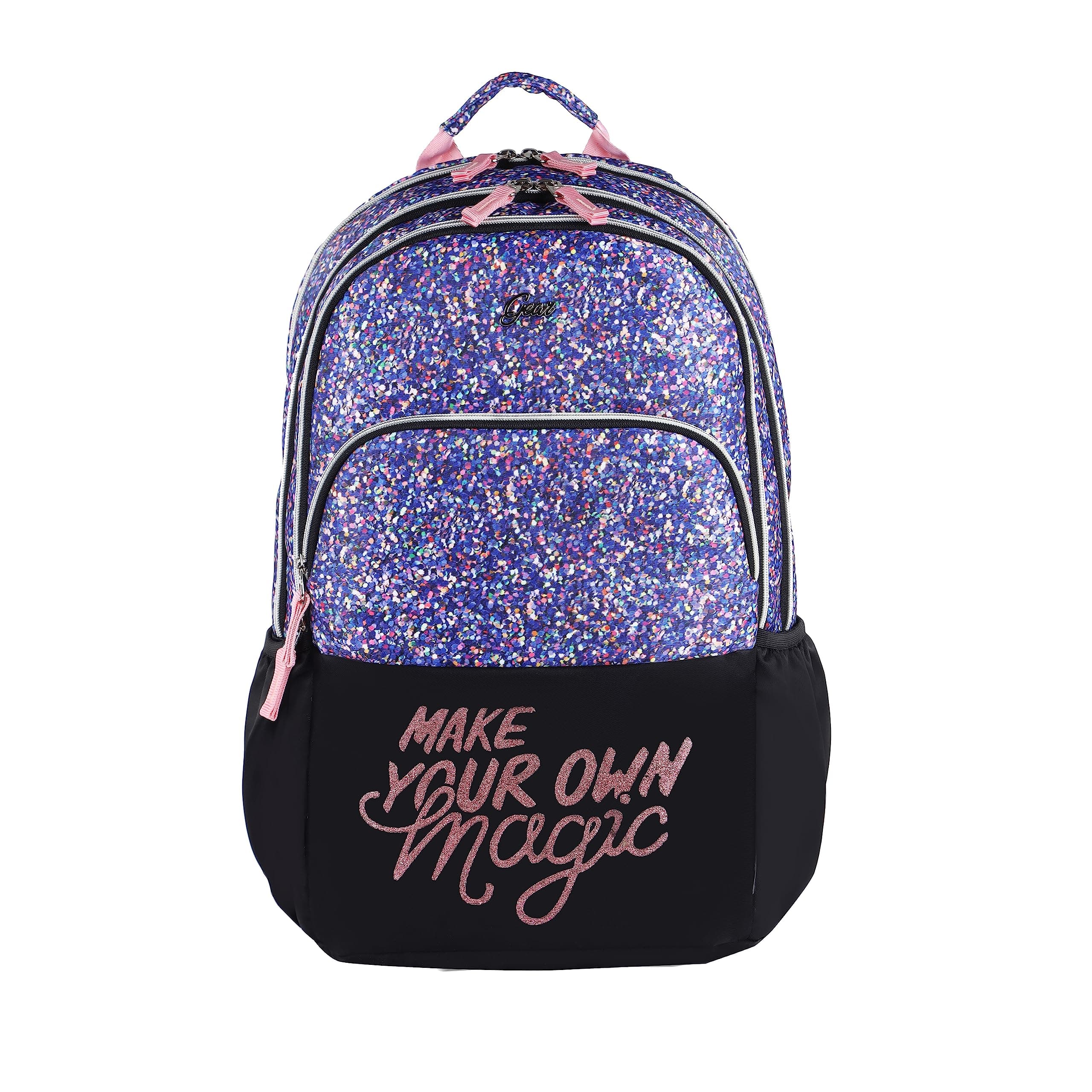 Gear Glitter 35L Large Water Resistant School Bag/Casual 4 Compartment Backpack/Daypack/Travel Standard 4 Compartment Backpack/Kids Bag/College Bag For Girls/Women (Black)